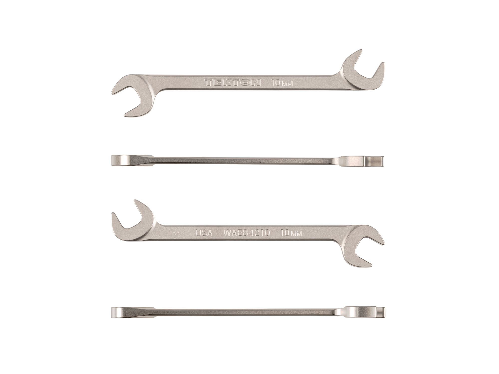 Size: 10 mm (metric) angle head open end (four-way) wrench with 30º and 60º open ends and smooth, satin nickel finish. WAE84210.