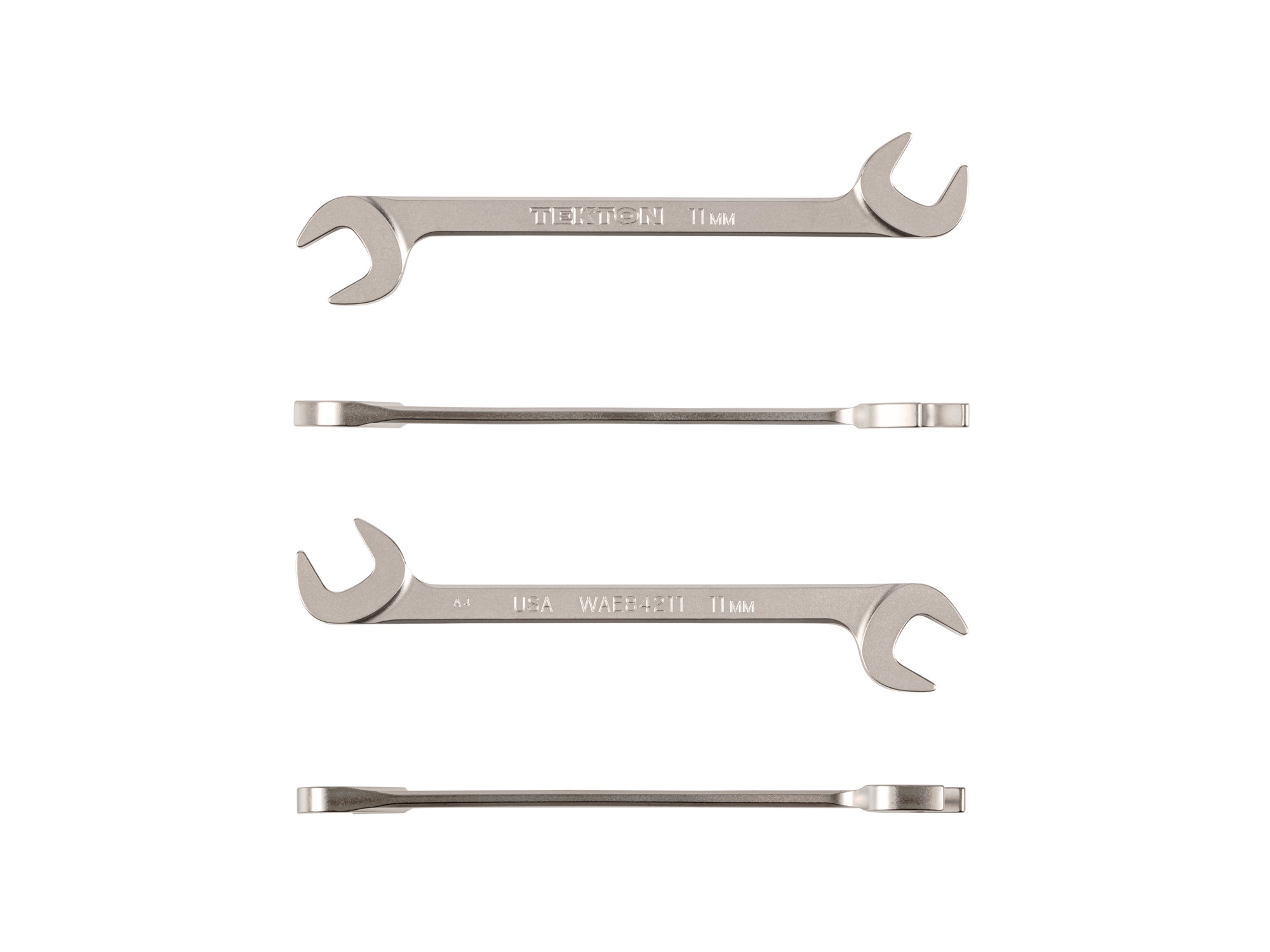 Size: 11 mm (metric) angle head open end (four-way) wrench with 30º and 60º open ends and smooth, satin nickel finish. WAE84211.