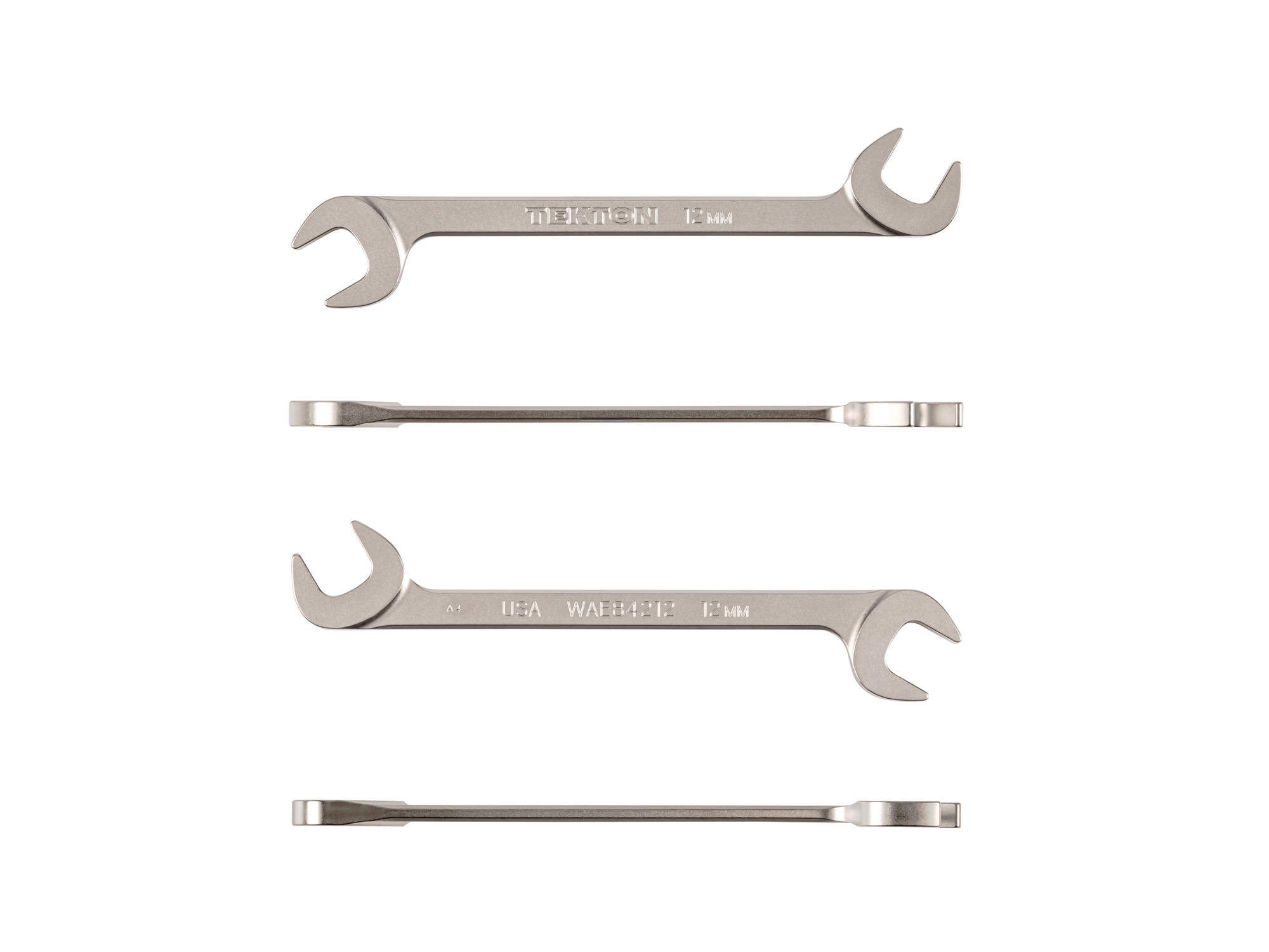 Size: 12 mm (metric) angle head open end (four-way) wrench with 30º and 60º open ends and smooth, satin nickel finish. WAE84212.