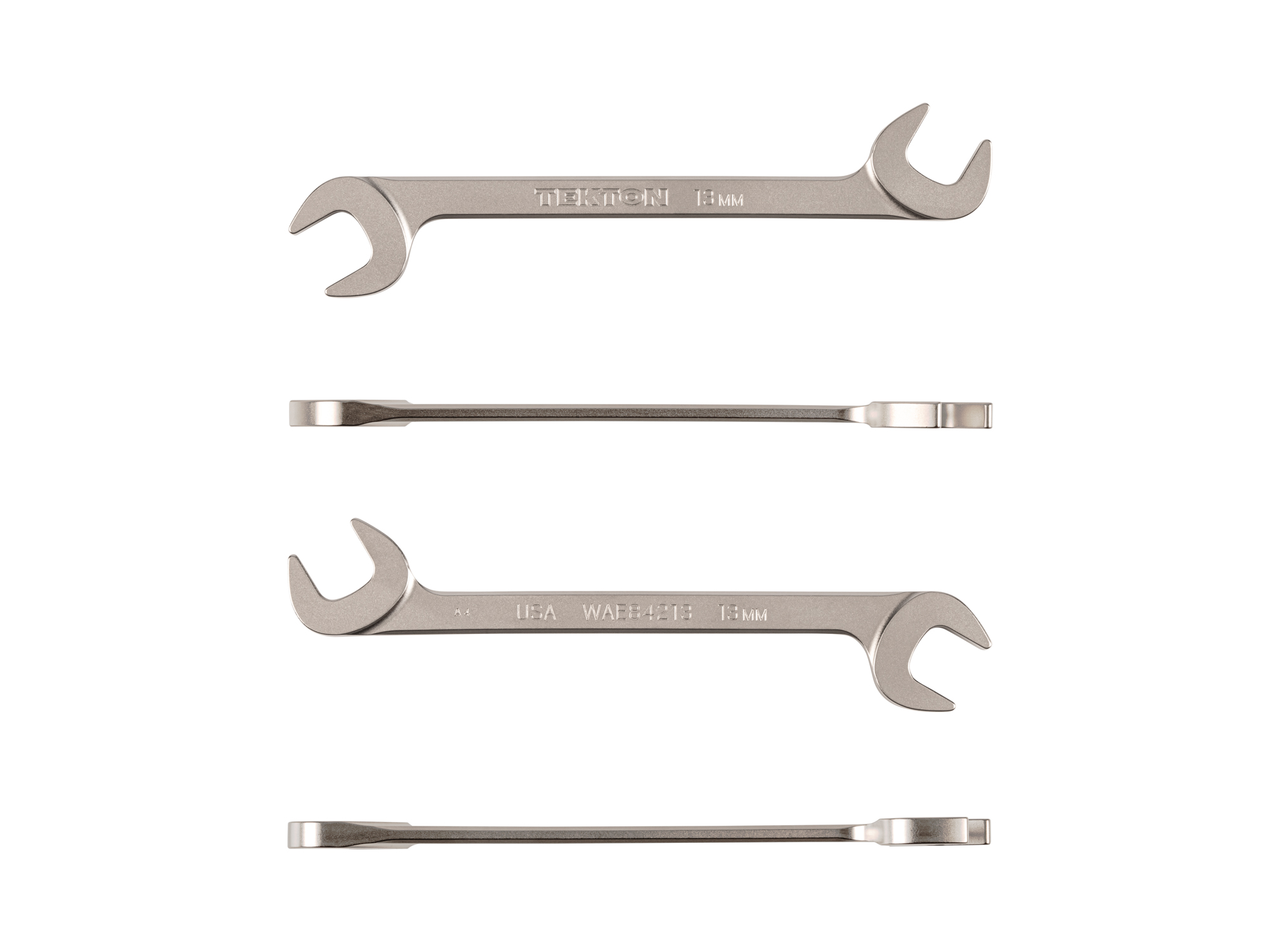 Size: 13 mm (metric) angle head open end (four-way) wrench with 30º and 60º open ends and smooth, satin nickel finish. WAE84213.