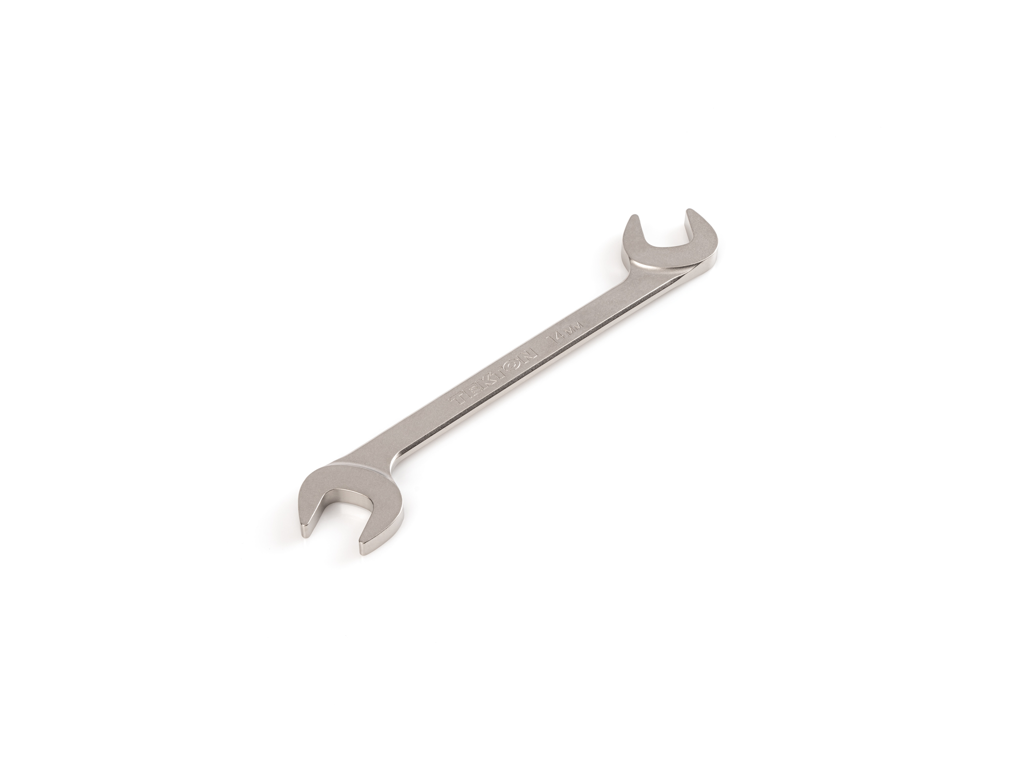 Size: 14 mm (metric) angle head open end (four-way) wrench with 30º and 60º open ends and smooth, satin nickel finish. WAE84214.