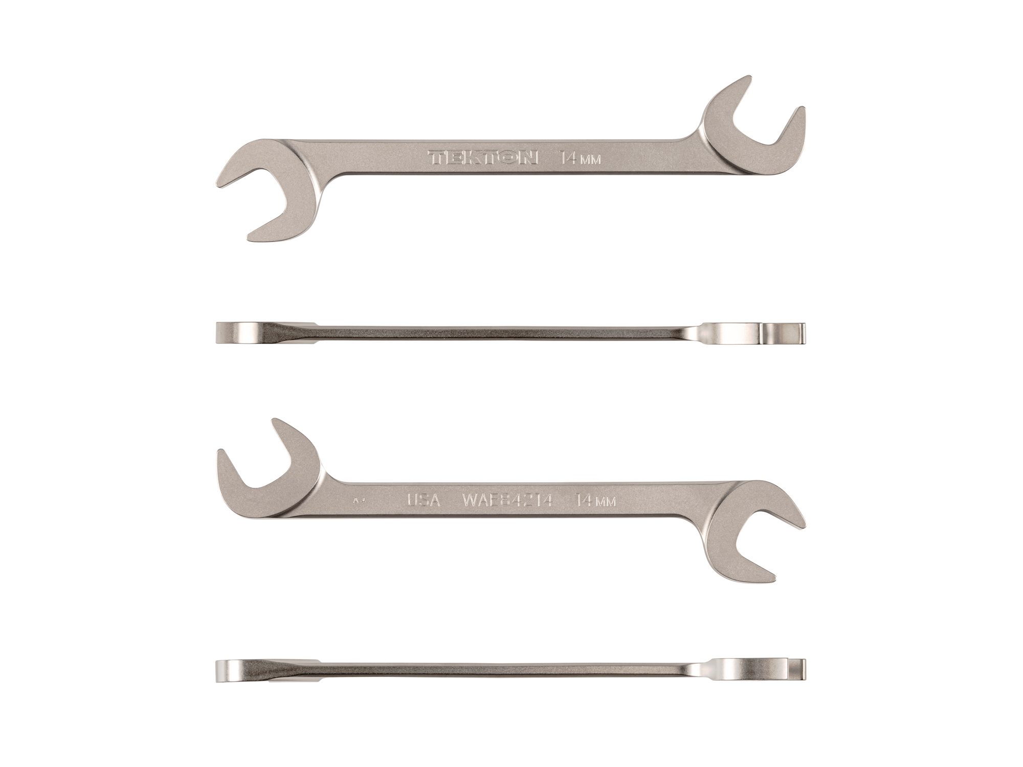 Size: 14 mm (metric) angle head open end (four-way) wrench with 30º and 60º open ends and smooth, satin nickel finish. WAE84214.