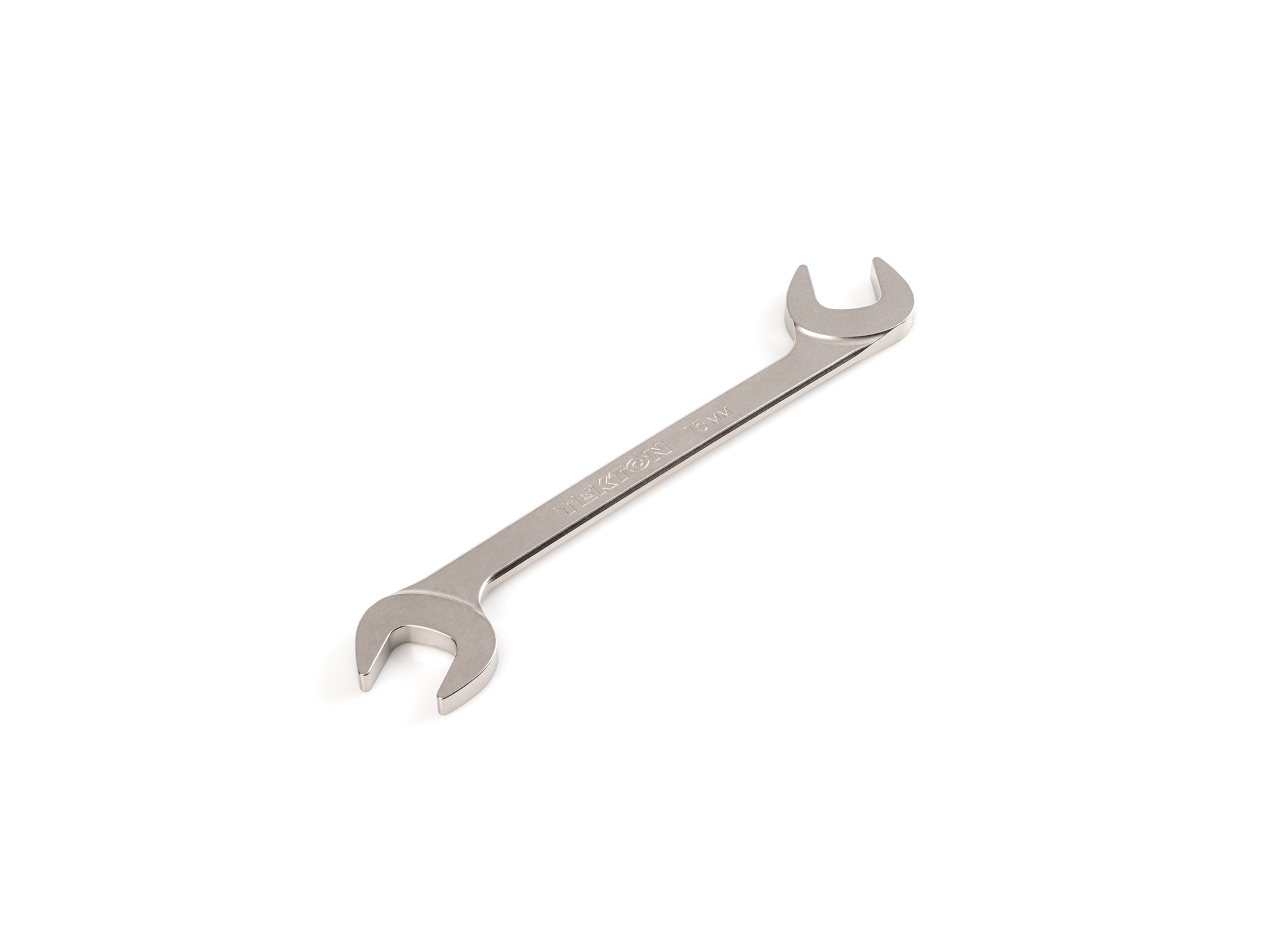 Size: 15 mm (metric) angle head open end (four-way) wrench with 30º and 60º open ends and smooth, satin nickel finish. WAE84215.