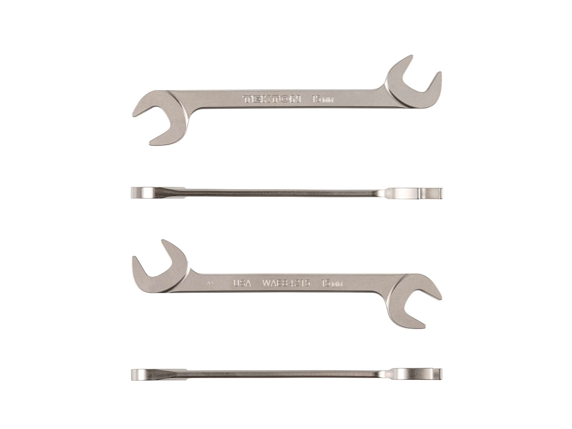 Size: 15 mm (metric) angle head open end (four-way) wrench with 30º and 60º open ends and smooth, satin nickel finish. WAE84215.