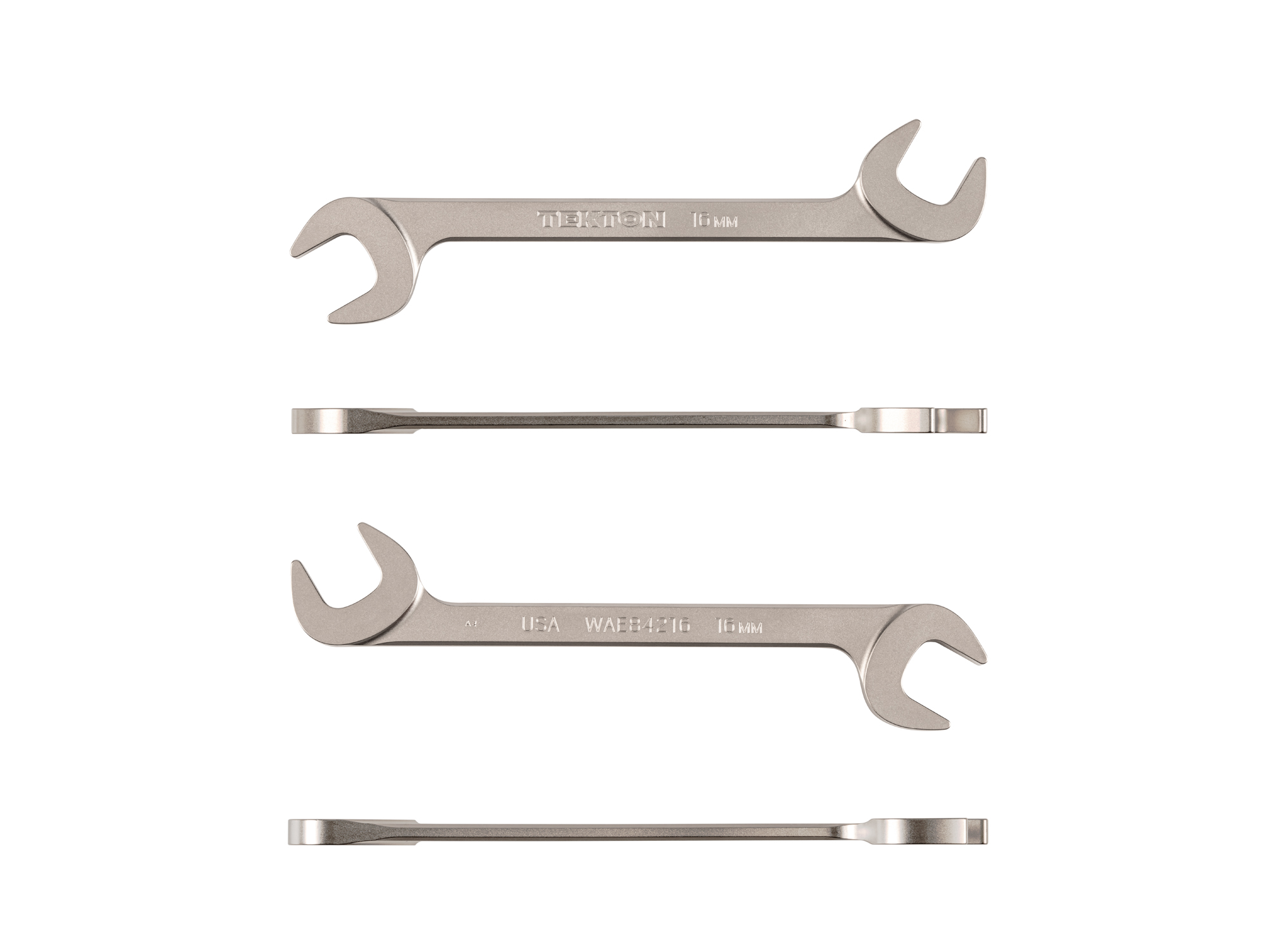 Size: 16 mm (metric) angle head open end (four-way) wrench with 30º and 60º open ends and smooth, satin nickel finish. WAE84216.