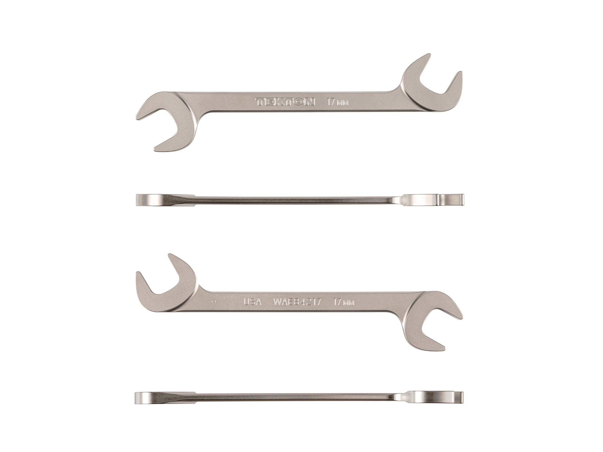 Size: 17 mm (metric) angle head open end (four-way) wrench with 30º and 60º open ends and smooth, satin nickel finish. WAE84217.