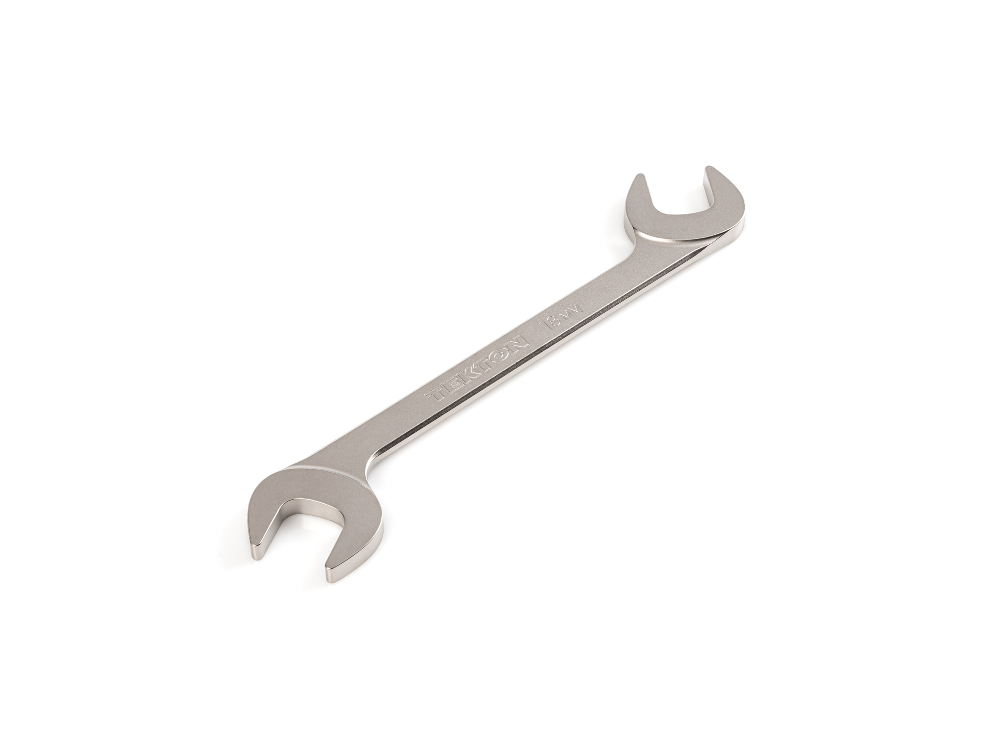 Size: 18 mm (metric) angle head open end (four-way) wrench with 30º and 60º open ends and smooth, satin nickel finish. WAE84218.