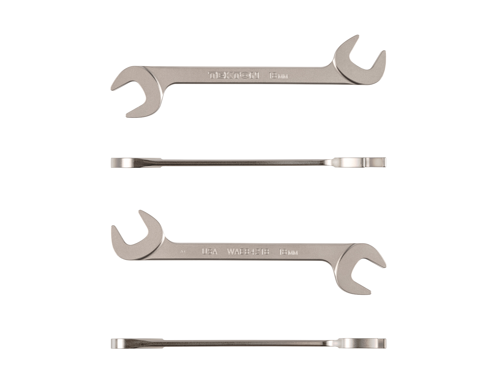 Size: 18 mm (metric) angle head open end (four-way) wrench with 30º and 60º open ends and smooth, satin nickel finish. WAE84218.