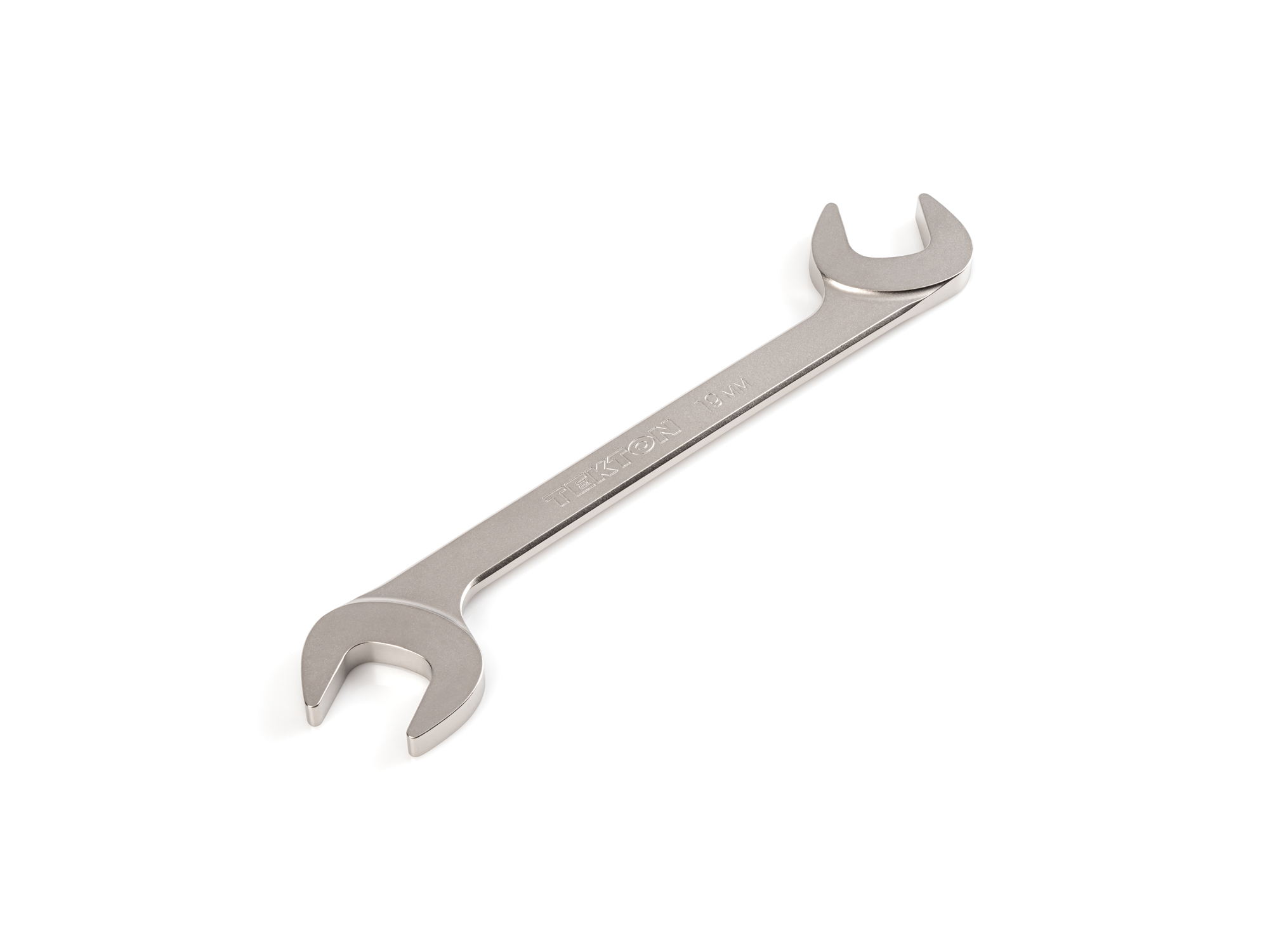 Size: 19 mm (metric) angle head open end (four-way) wrench with 30º and 60º open ends and smooth, satin nickel finish. WAE84219.