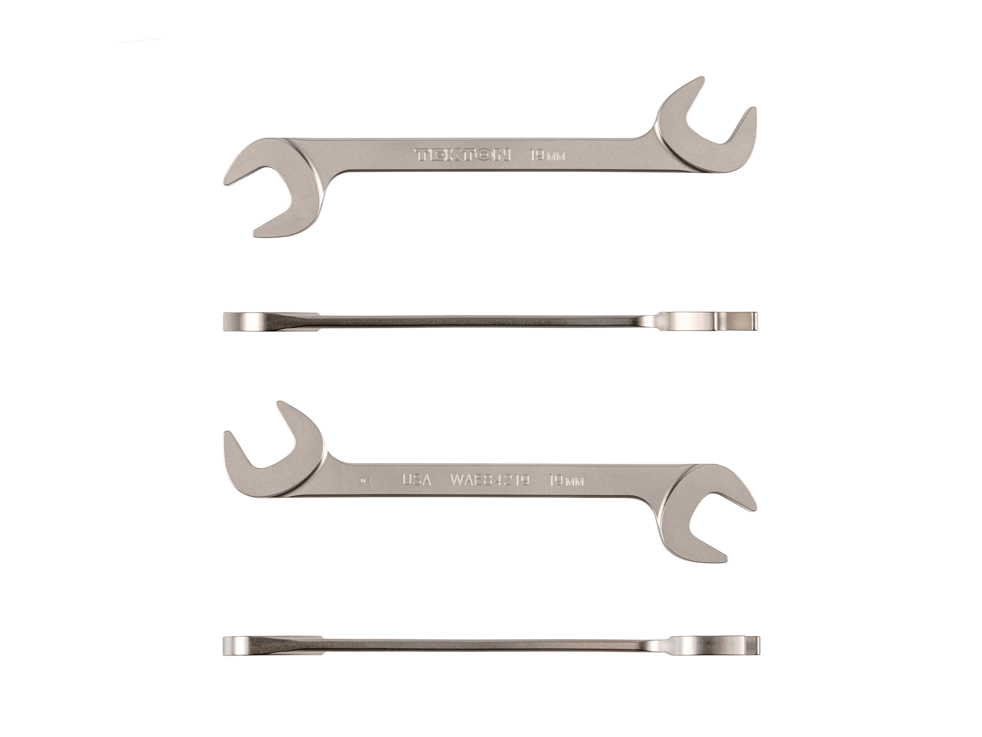 Size: 19 mm (metric) angle head open end (four-way) wrench with 30º and 60º open ends and smooth, satin nickel finish. WAE84219.