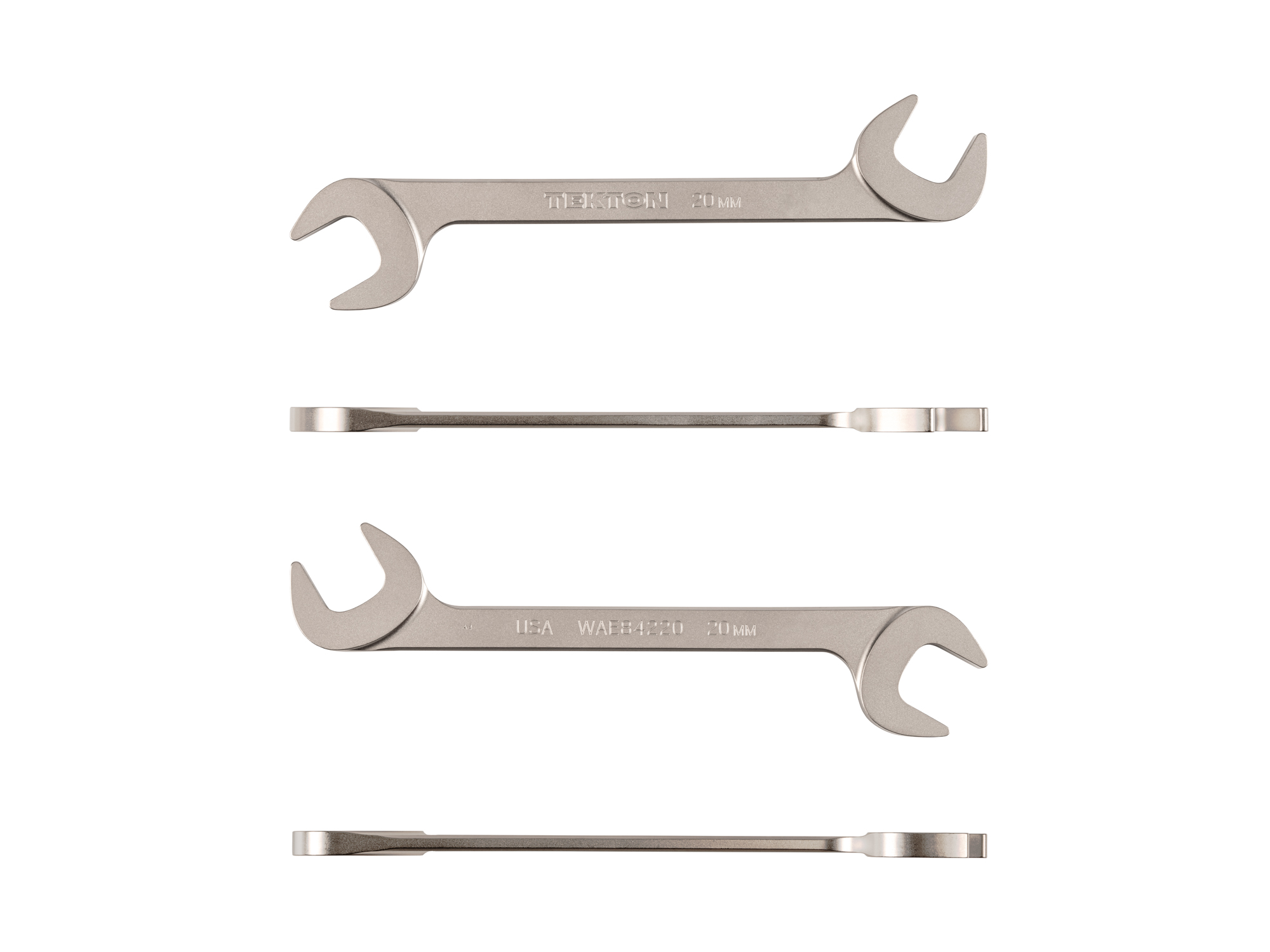 Size: 20 mm (metric) angle head open end (four-way) wrench with 30º and 60º open ends and smooth, satin nickel finish. WAE84220.