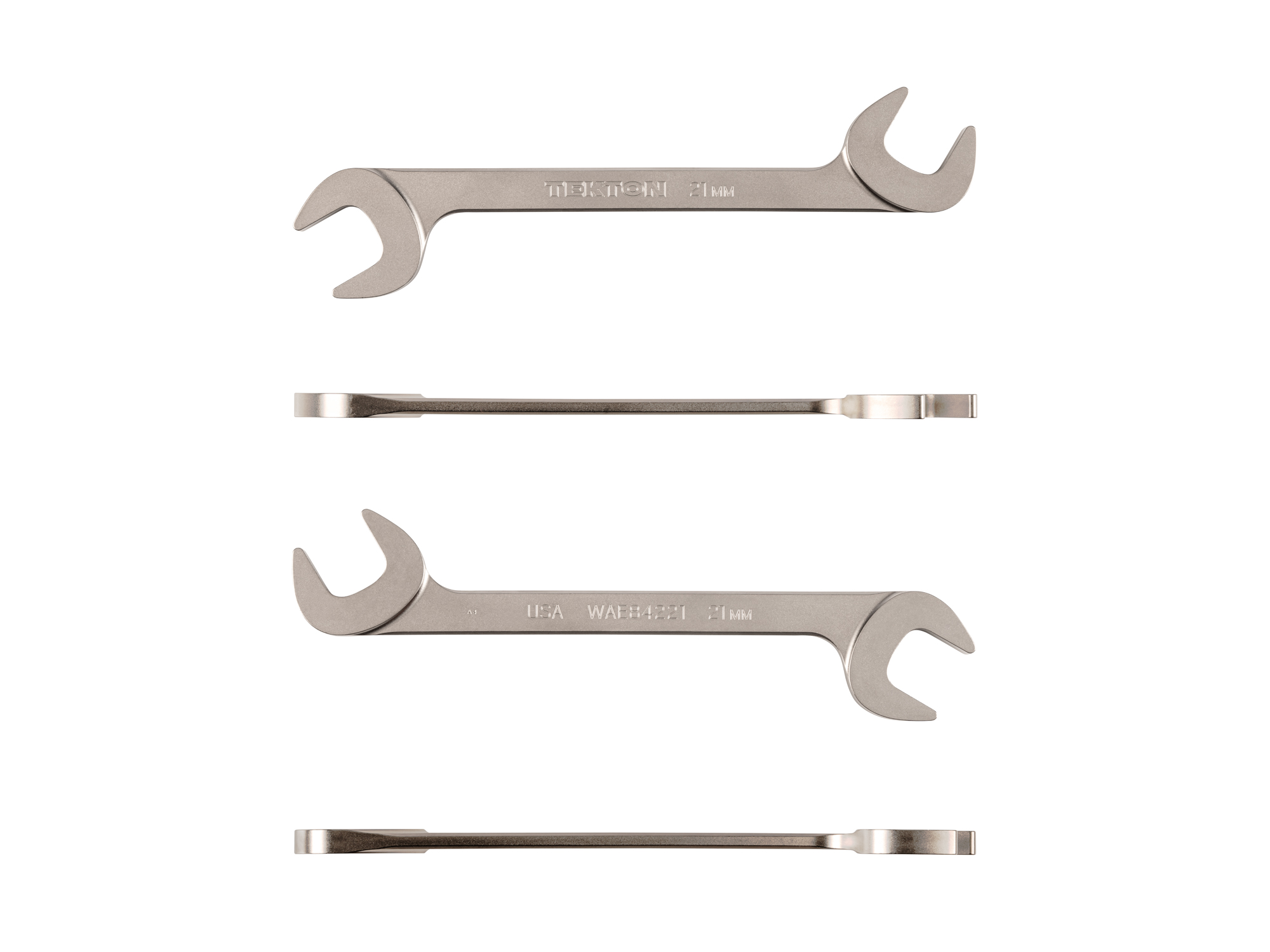 Size: 21 mm (metric) angle head open end (four-way) wrench with 30º and 60º open ends and smooth, satin nickel finish. WAE84221.