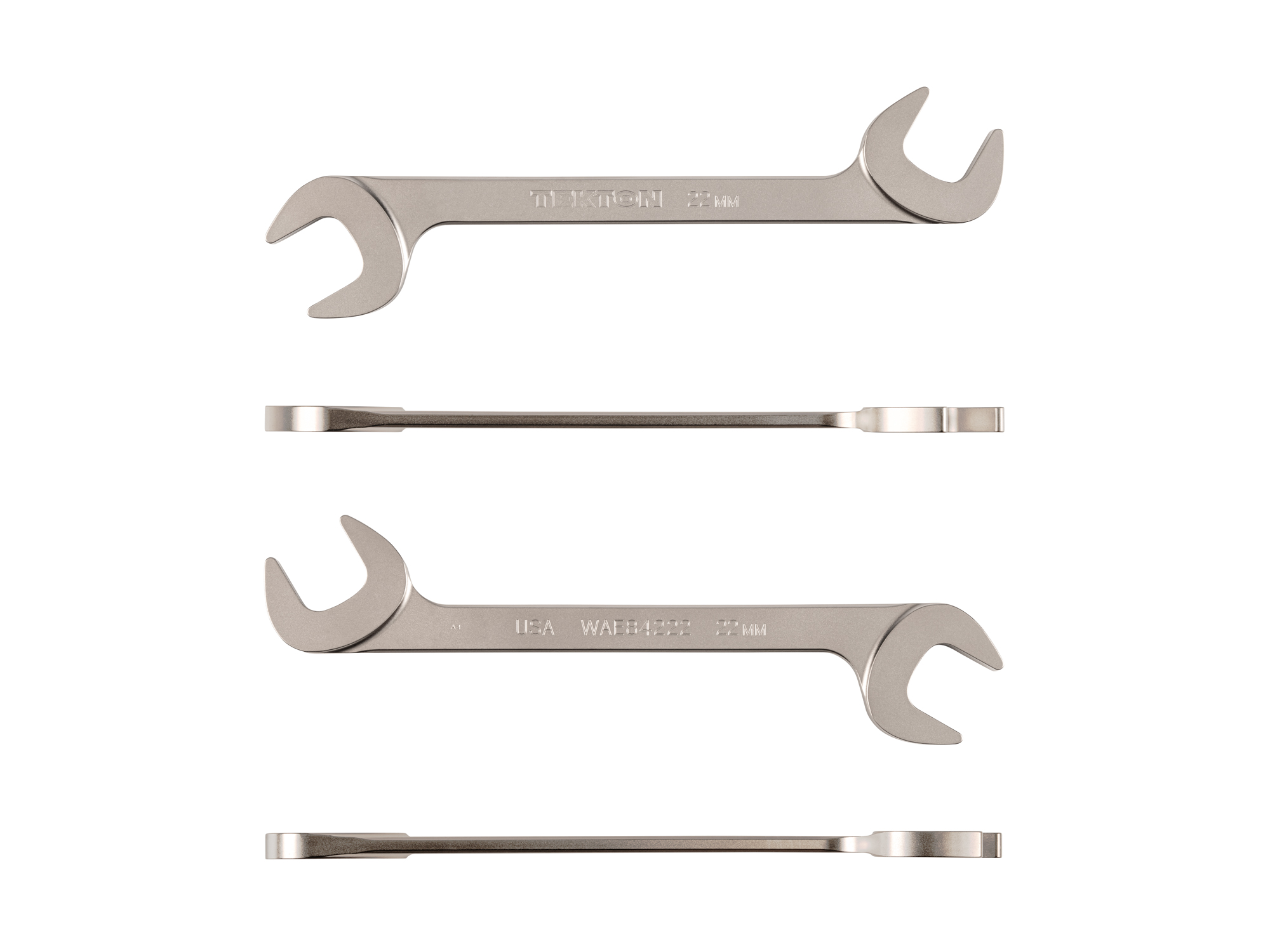 Size: 22 mm (metric) angle head open end (four-way) wrench with 30º and 60º open ends and smooth, satin nickel finish. WAE84222.