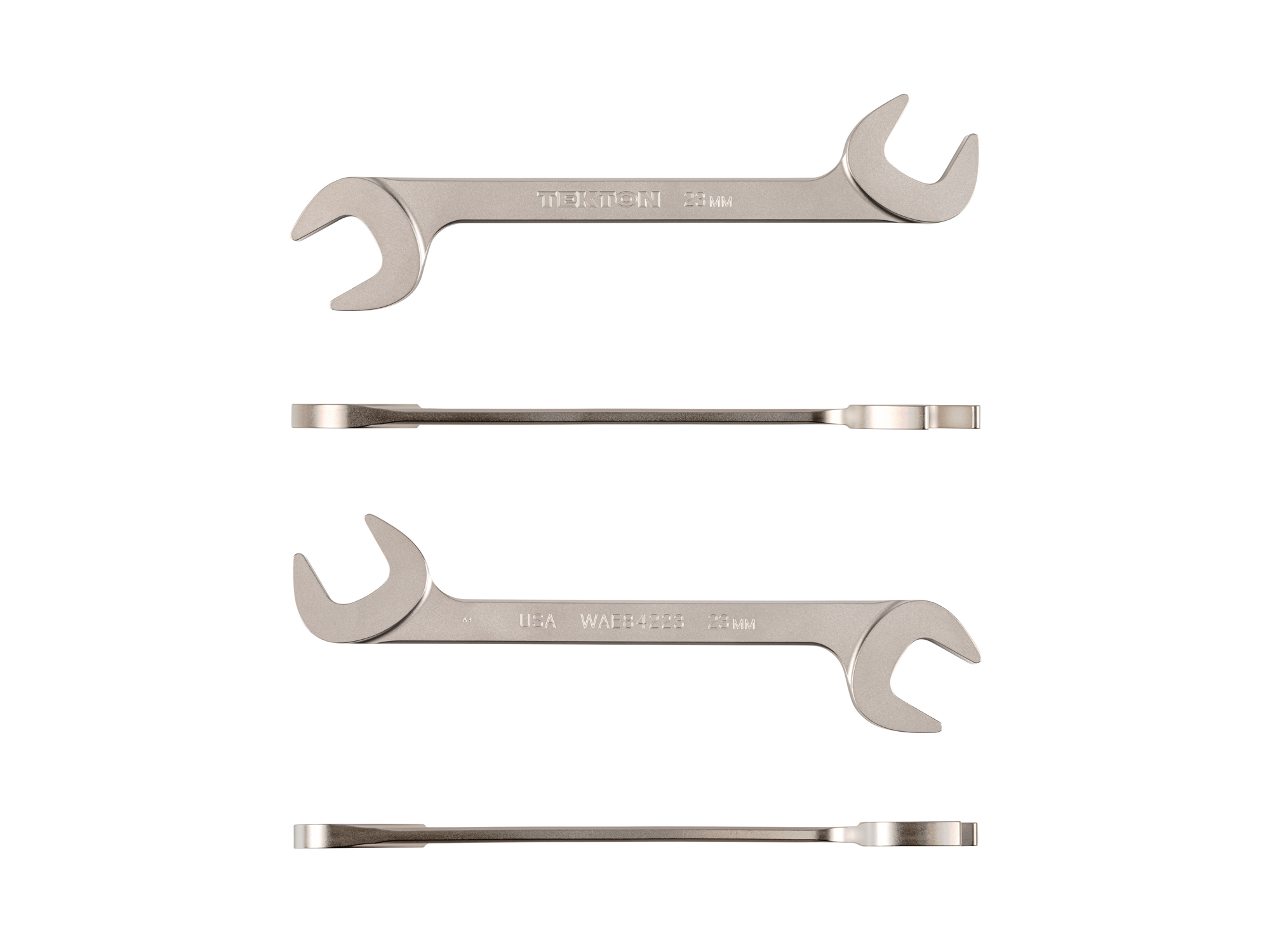 Size: 23 mm (metric) angle head open end (four-way) wrench with 30º and 60º open ends and smooth, satin nickel finish. WAE84223.