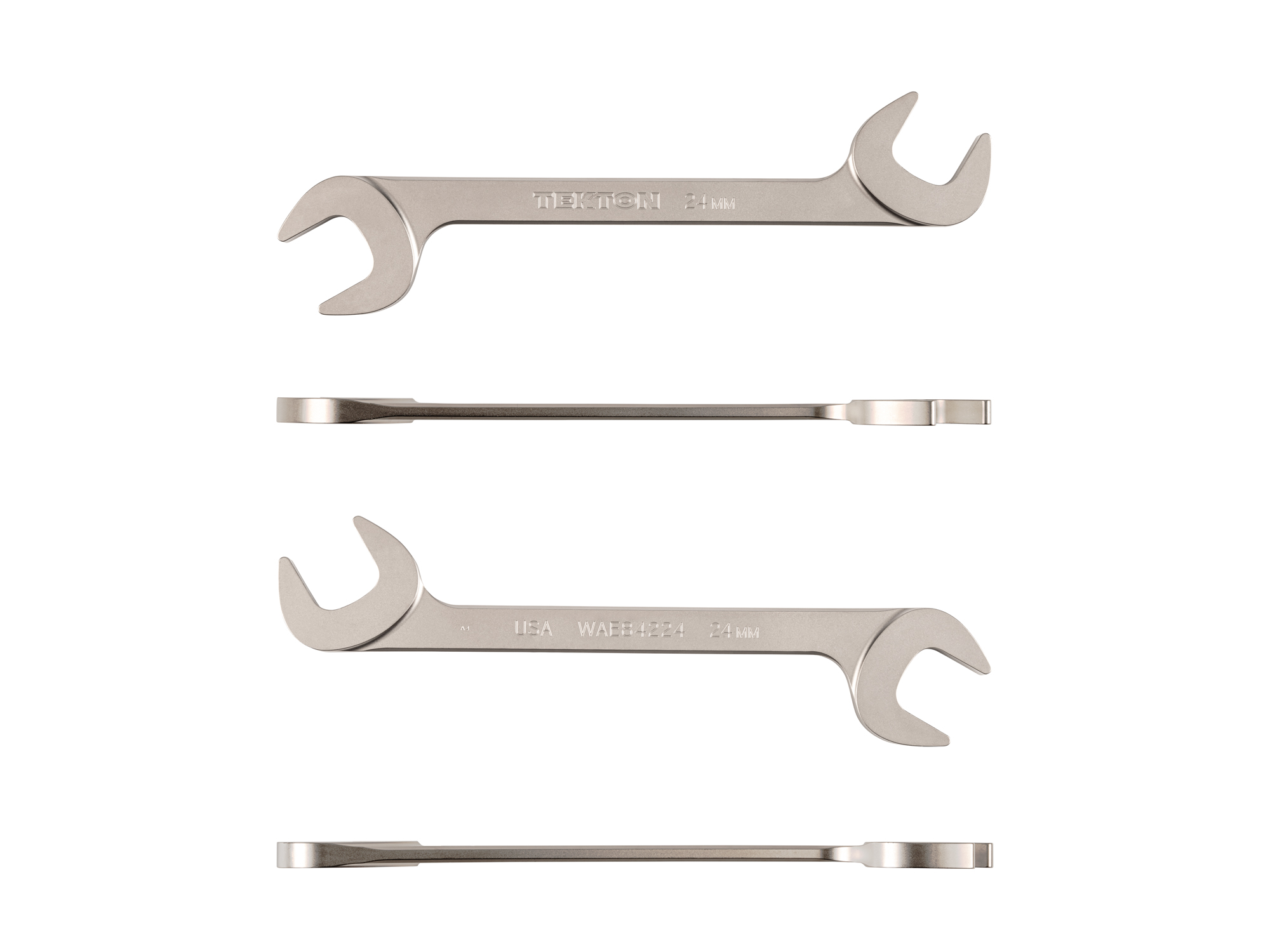 Size: 24 mm (metric) angle head open end (four-way) wrench with 30º and 60º open ends and smooth, satin nickel finish. WAE84224.