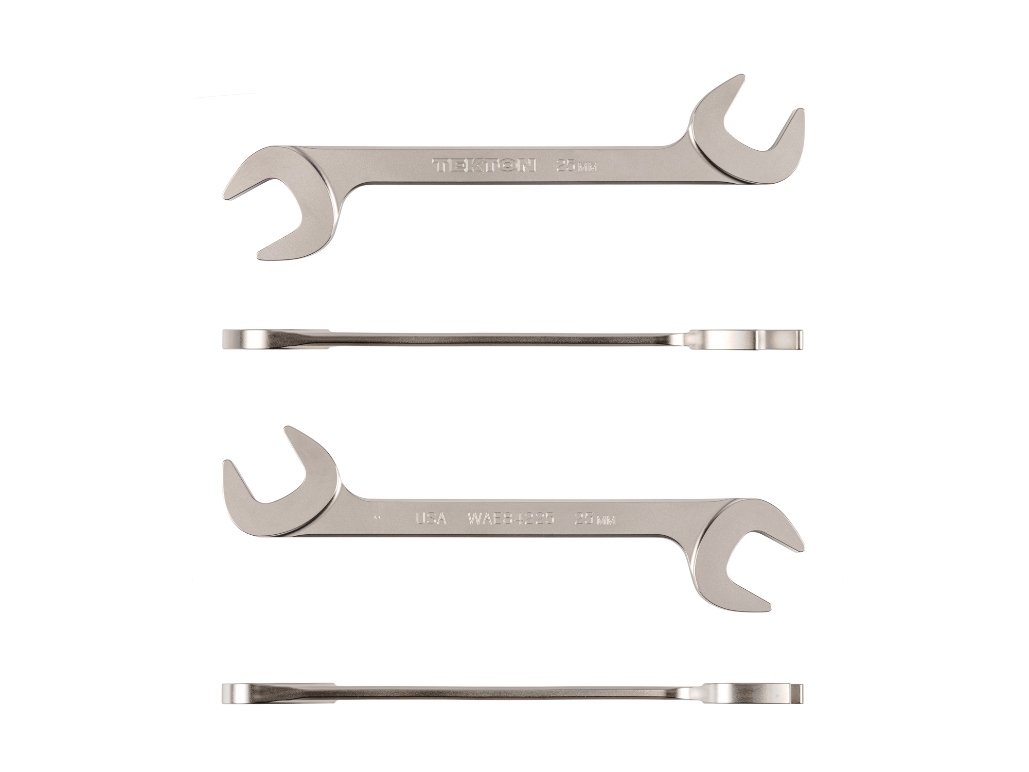 Size: 25 mm (metric) angle head open end (four-way) wrench with 30º and 60º open ends and smooth, satin nickel finish. WAE84225.