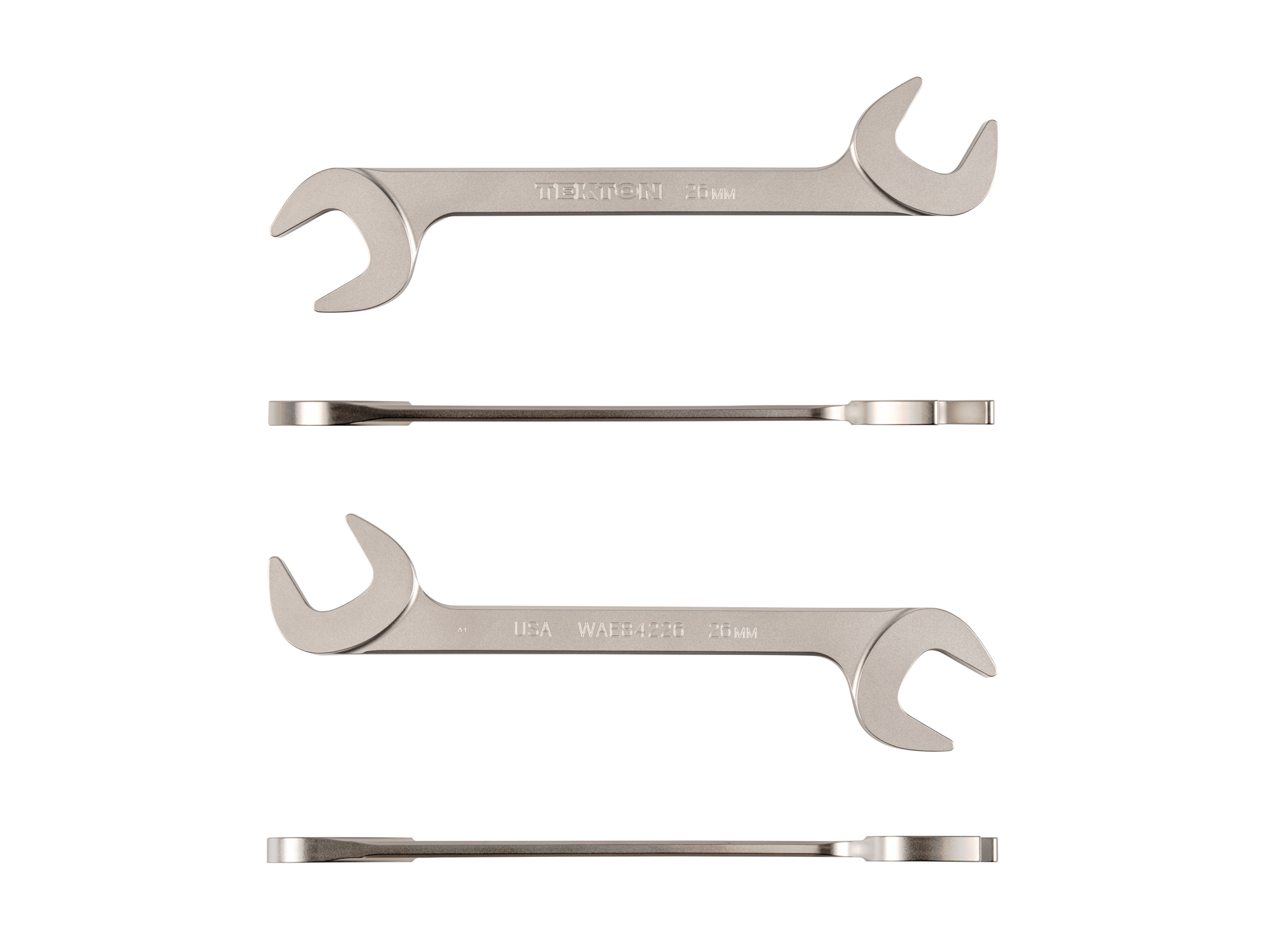 Size: 26 mm (metric) angle head open end (four-way) wrench with 30º and 60º open ends and smooth, satin nickel finish. WAE84226.