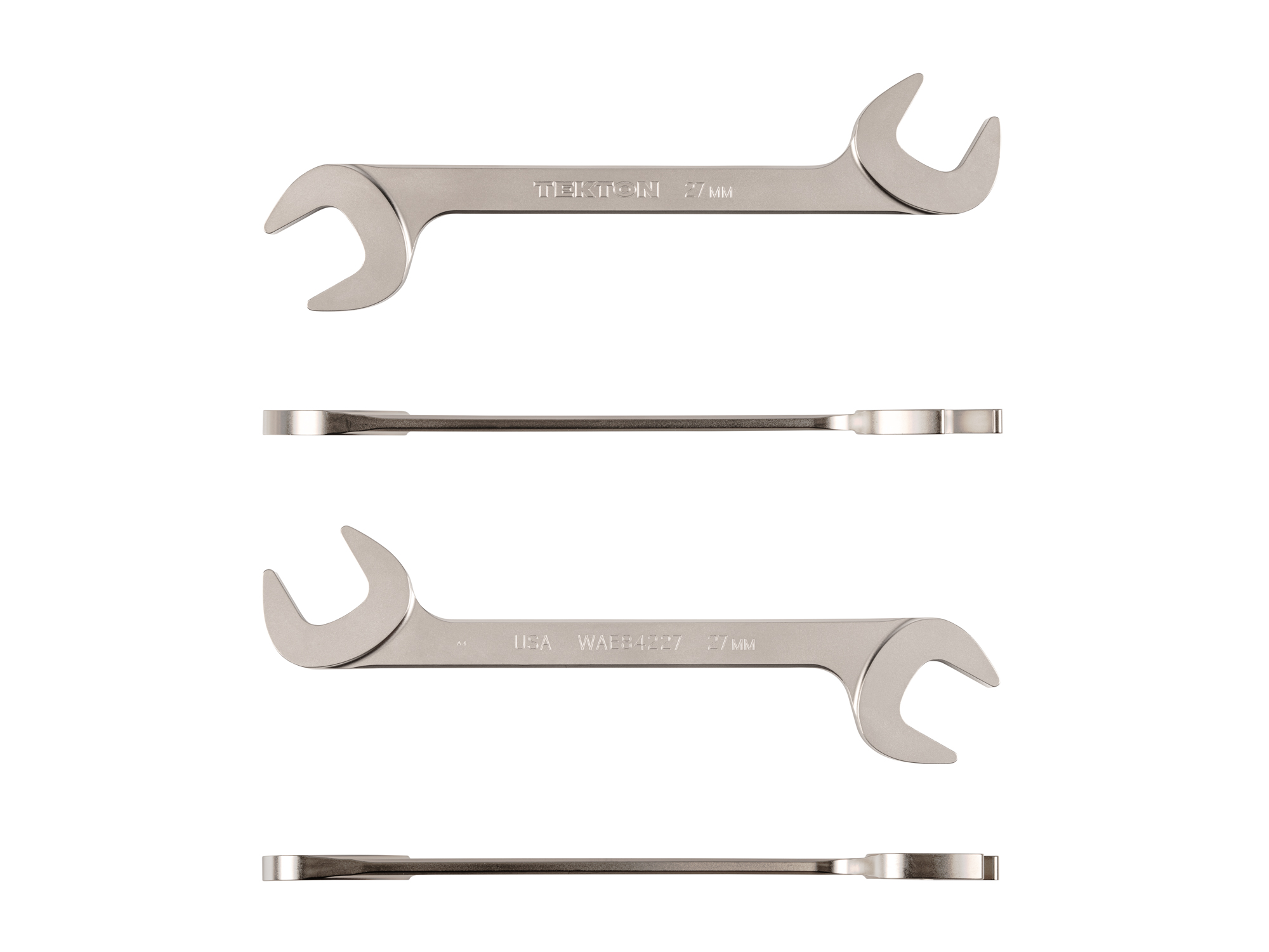 Size: 27 mm (metric) angle head open end (four-way) wrench with 30º and 60º open ends and smooth, satin nickel finish. WAE84227.