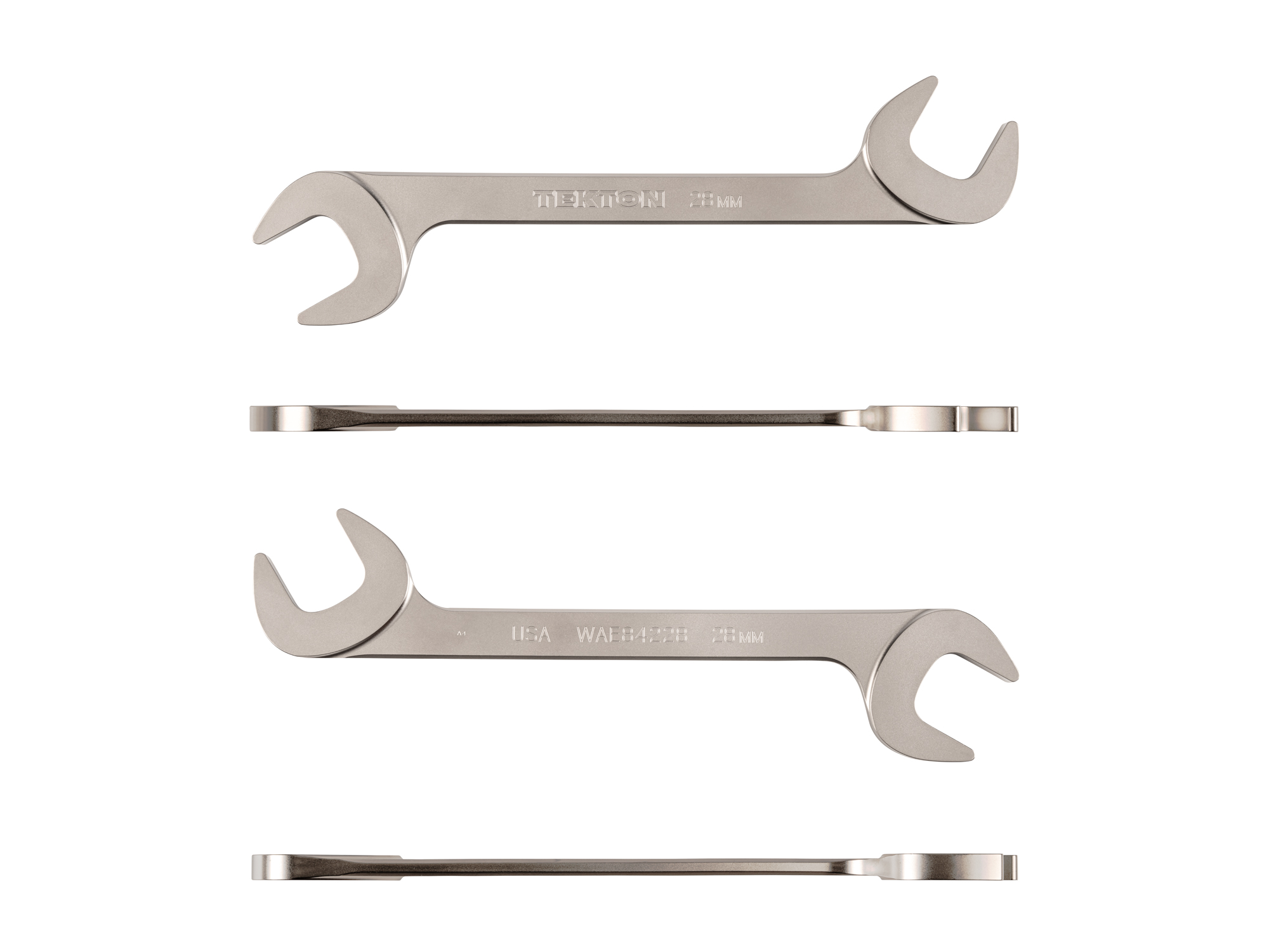 Size: 28 mm (metric) angle head open end (four-way) wrench with 30º and 60º open ends and smooth, satin nickel finish. WAE84228.