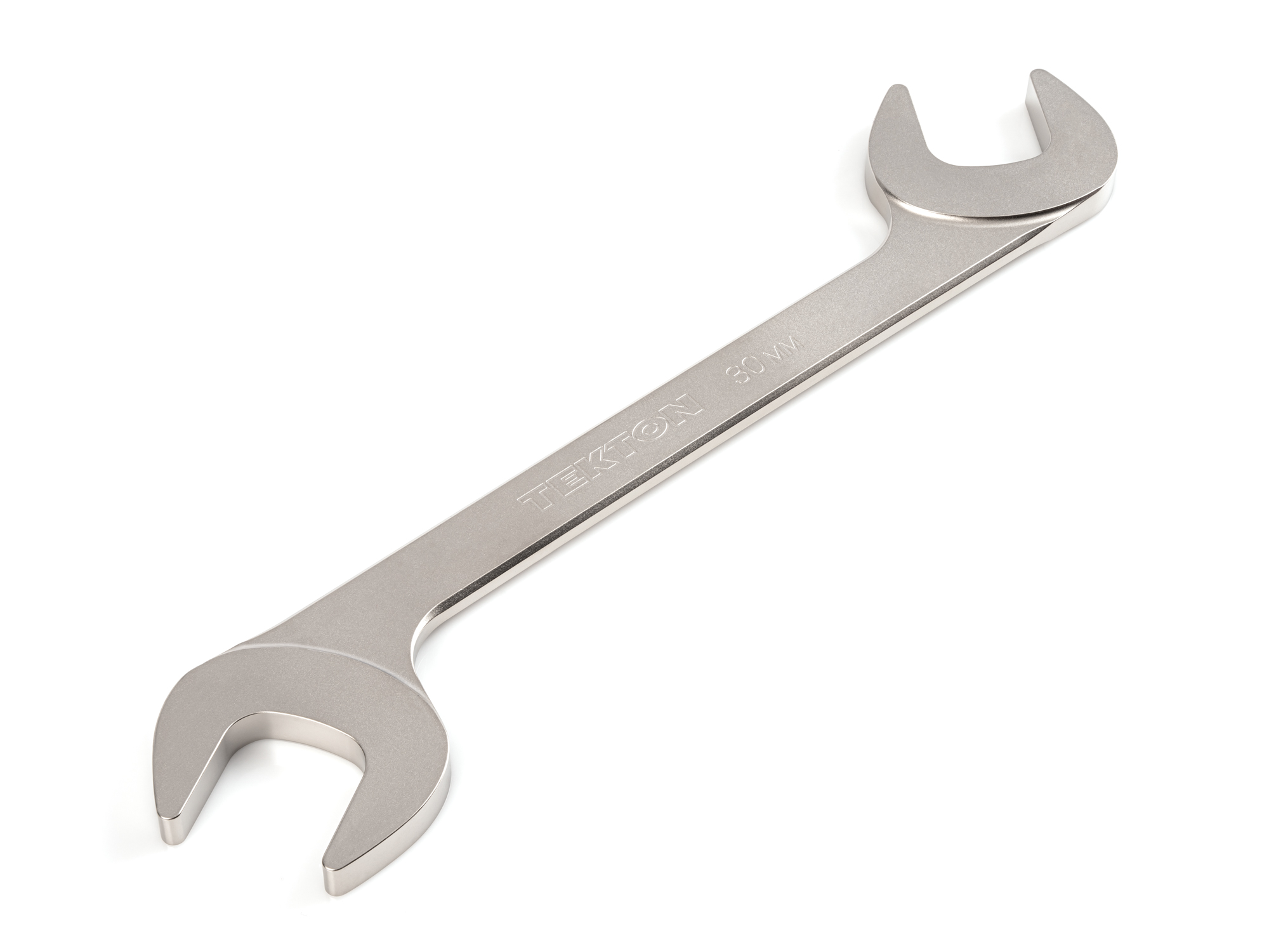 Size: 30 mm (metric) angle head open end (four-way) wrench with 30º and 60º open ends and smooth, satin nickel finish. WAE84230.