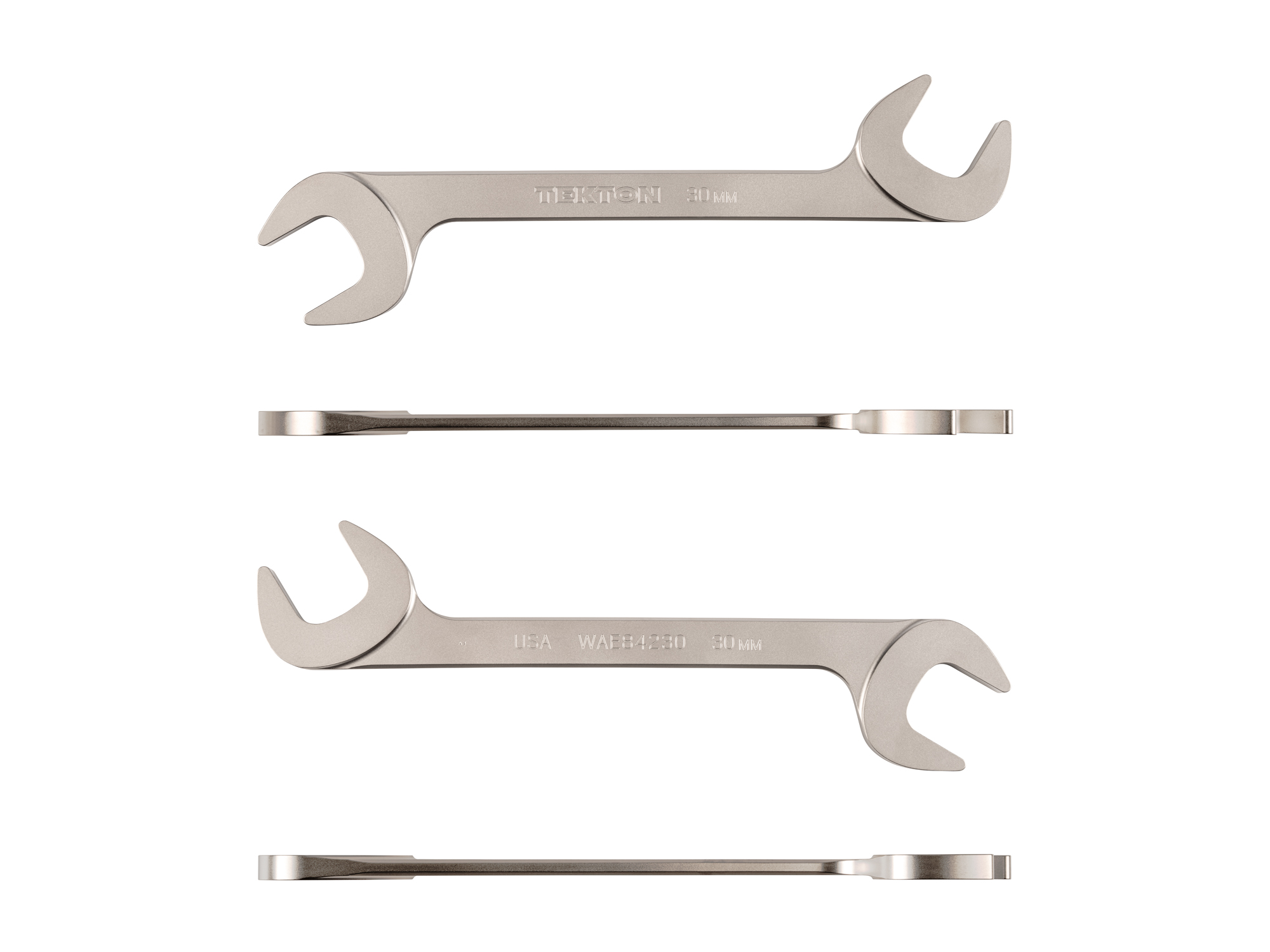 Size: 30 mm (metric) angle head open end (four-way) wrench with 30º and 60º open ends and smooth, satin nickel finish. WAE84230.