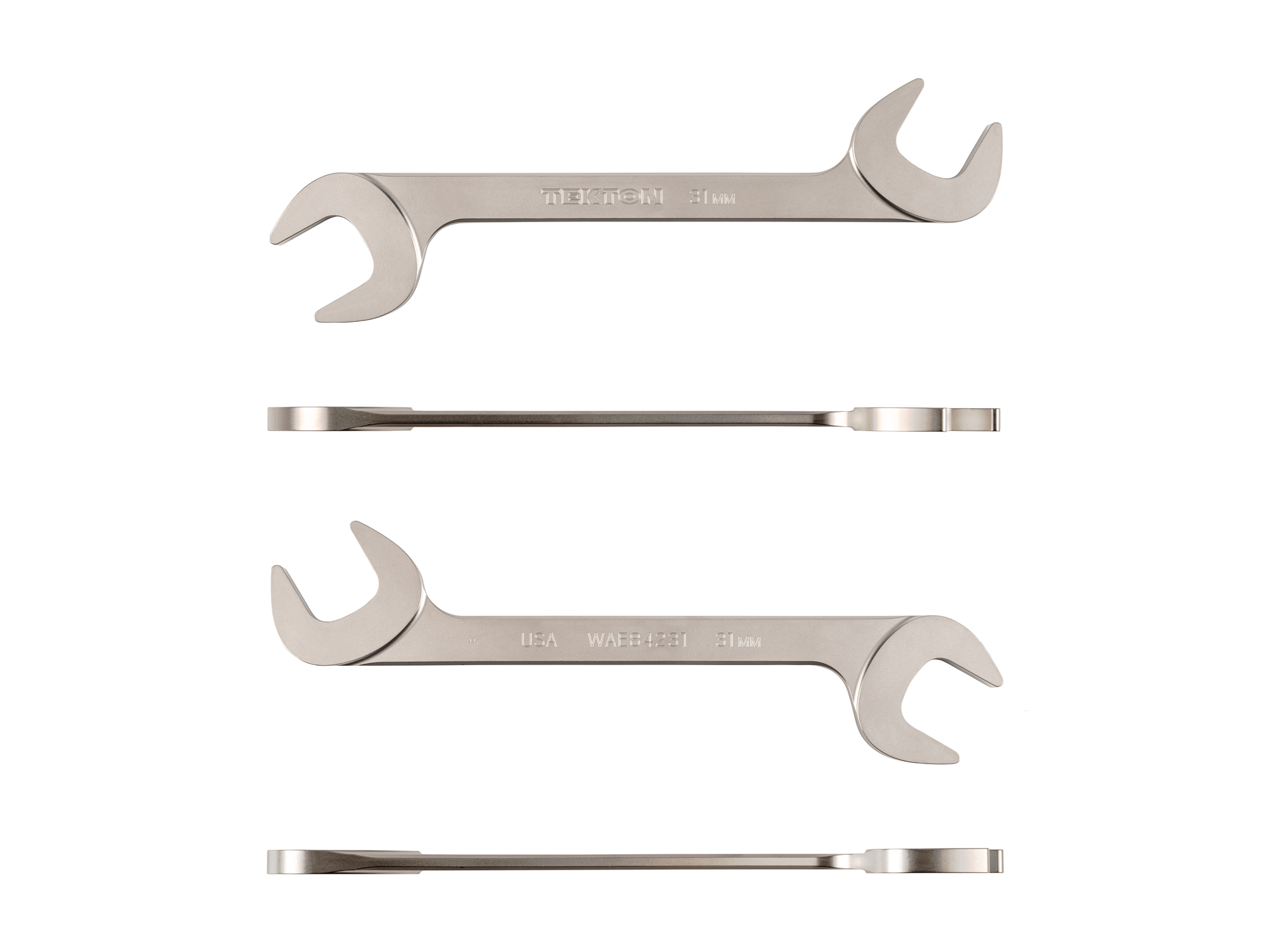 Size: 31 mm (metric) angle head open end (four-way) wrench with 30º and 60º open ends and smooth, satin nickel finish. WAE84231.