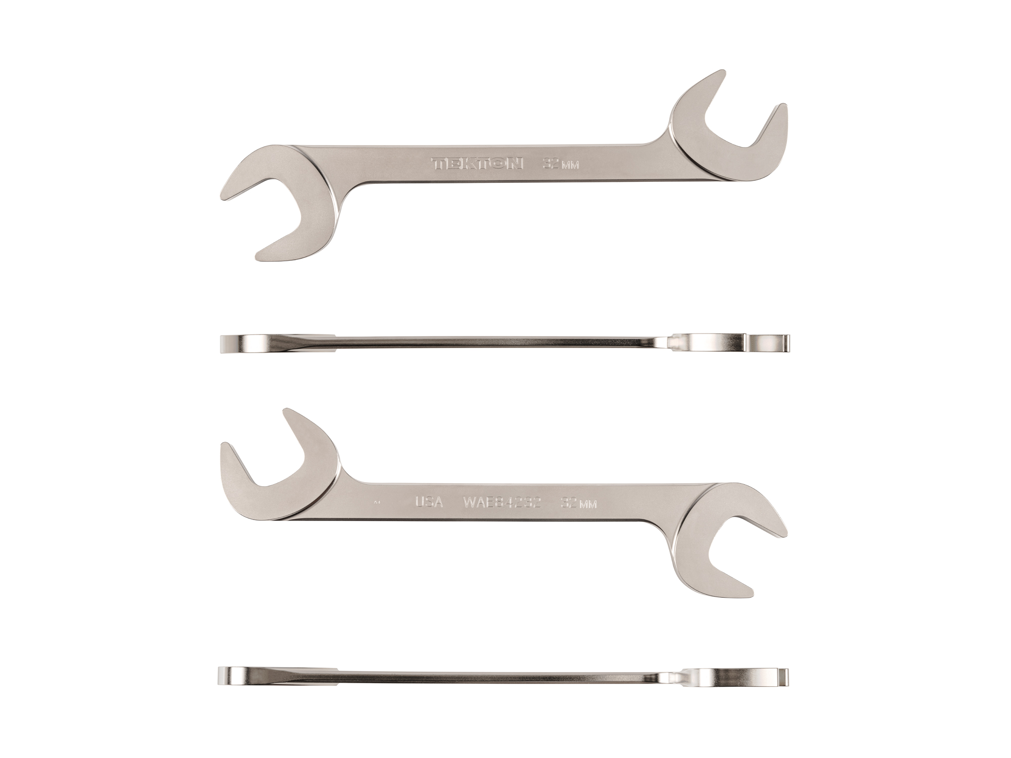 Size: 32 mm (metric) angle head open end (four-way) wrench with 30º and 60º open ends and smooth, satin nickel finish. WAE84232.