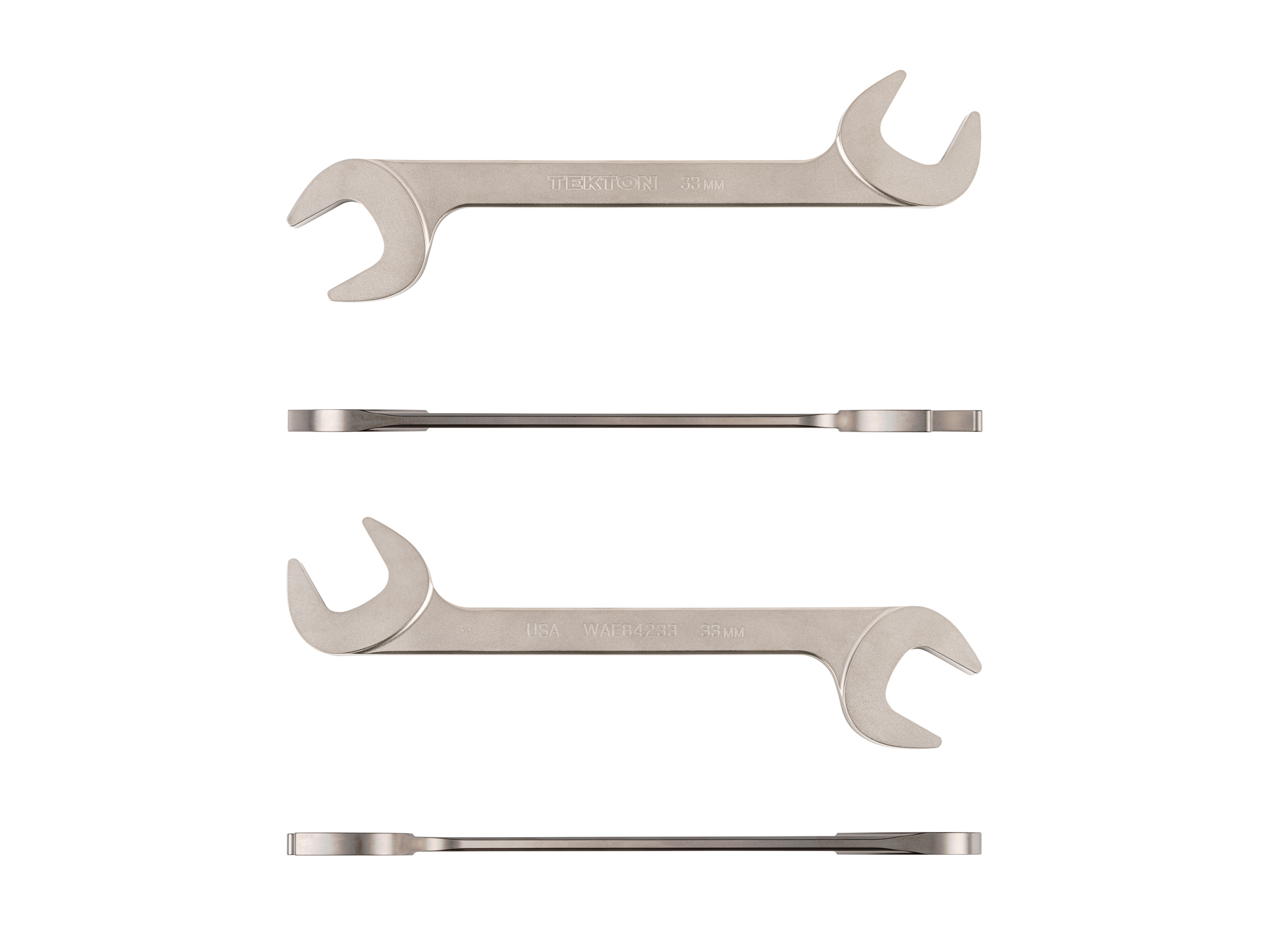 Size: 33 mm (metric) angle head open end (four-way) wrench with 30º and 60º open ends and smooth, satin nickel finish. WAE84233.