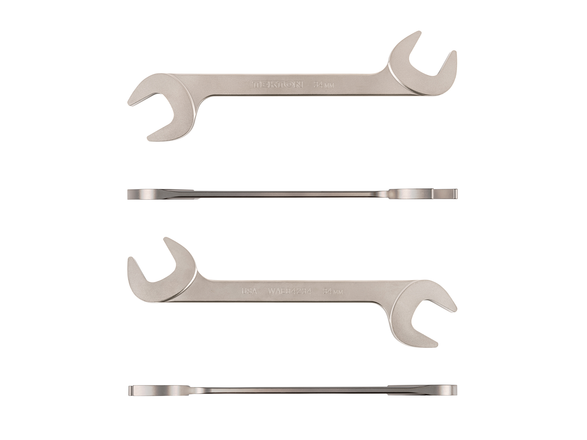 Size: 34 mm (metric) angle head open end (four-way) wrench with 30º and 60º open ends and smooth, satin nickel finish. WAE84234.