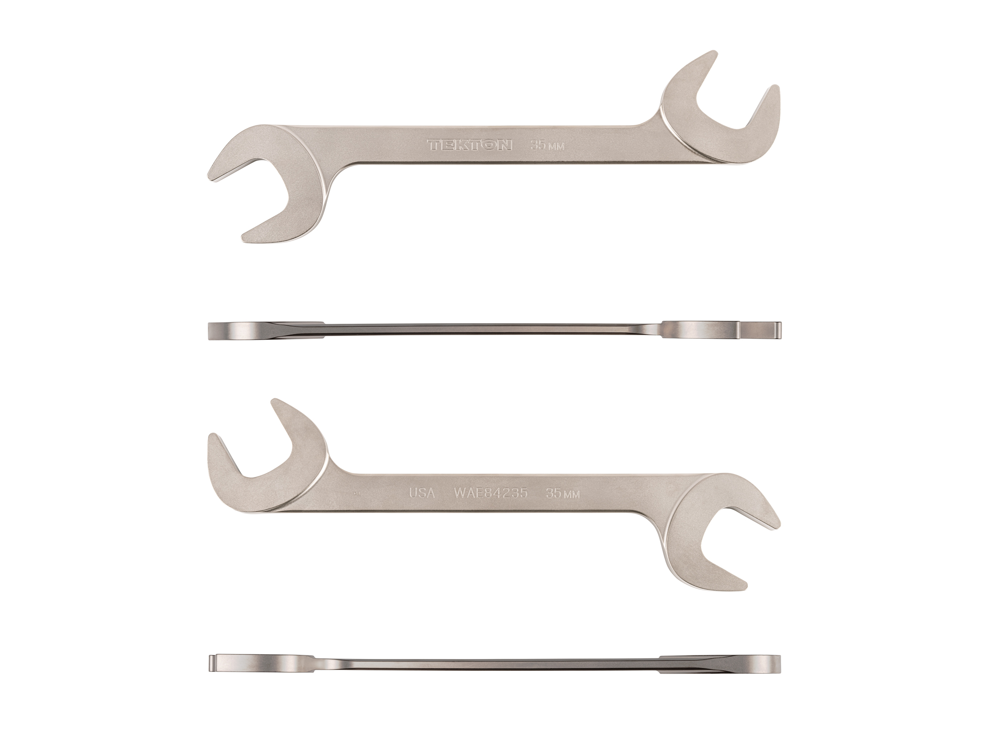 Size: 35 mm (metric) angle head open end (four-way) wrench with 30º and 60º open ends and smooth, satin nickel finish. WAE84235.