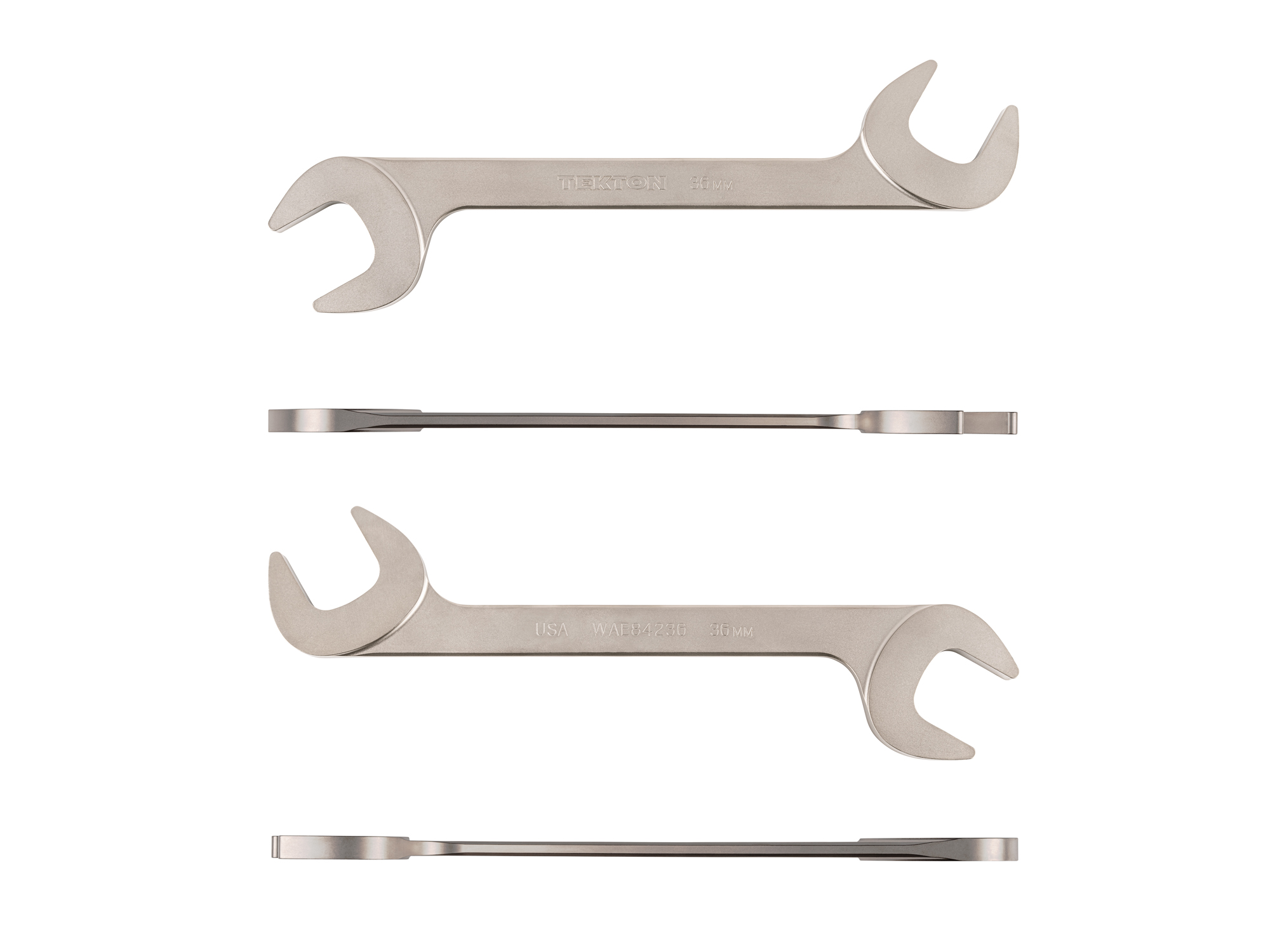 Size: 36 mm (metric) angle head open end (four-way) wrench with 30º and 60º open ends and smooth, satin nickel finish. WAE84236.