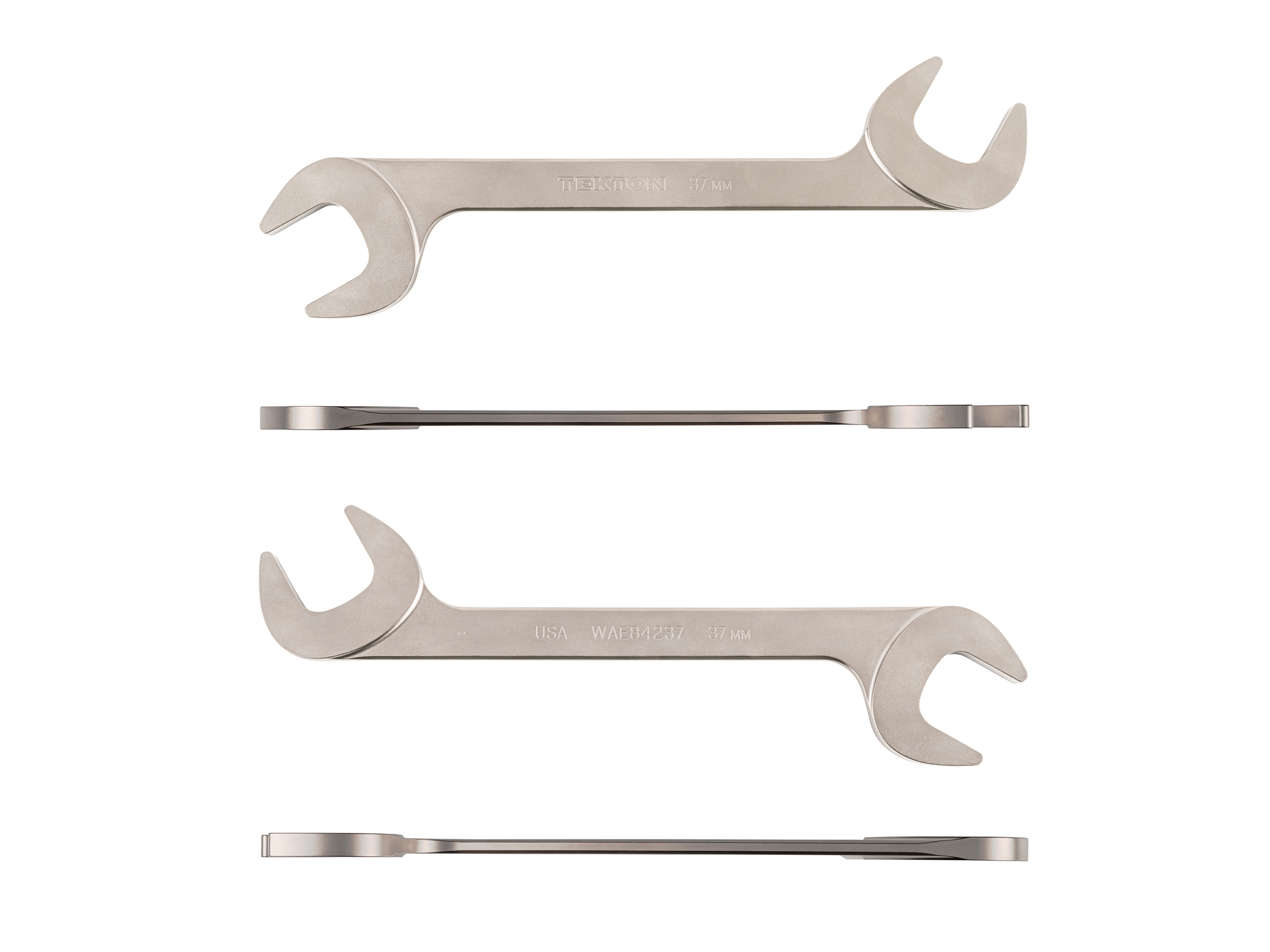 Size: 37 mm (metric) angle head open end (four-way) wrench with 30º and 60º open ends and smooth, satin nickel finish. WAE84237.