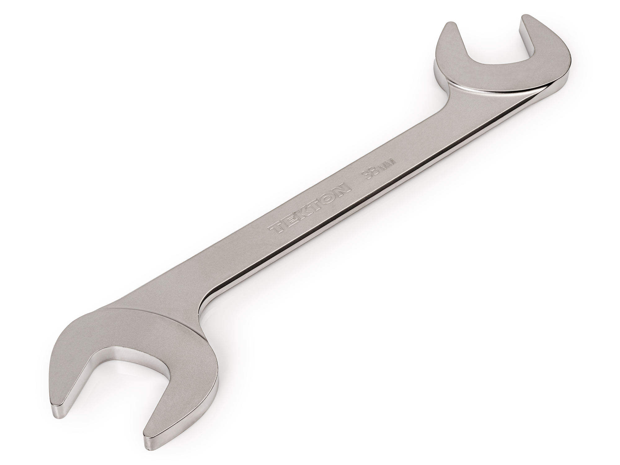 Size: 38 mm (metric) angle head open end (four-way) wrench with 30º and 60º open ends and smooth, satin nickel finish. WAE84238.