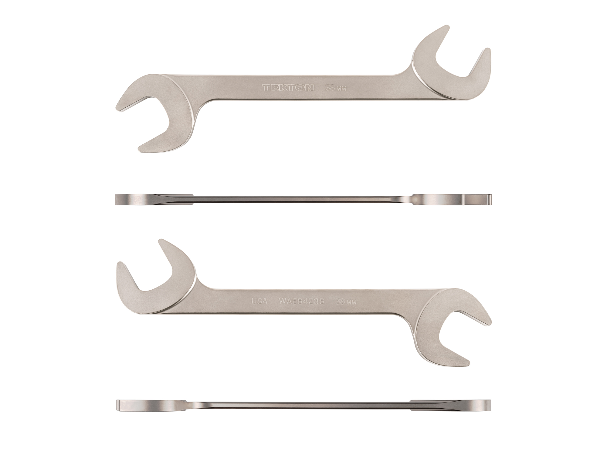 Size: 38 mm (metric) angle head open end (four-way) wrench with 30º and 60º open ends and smooth, satin nickel finish. WAE84238.