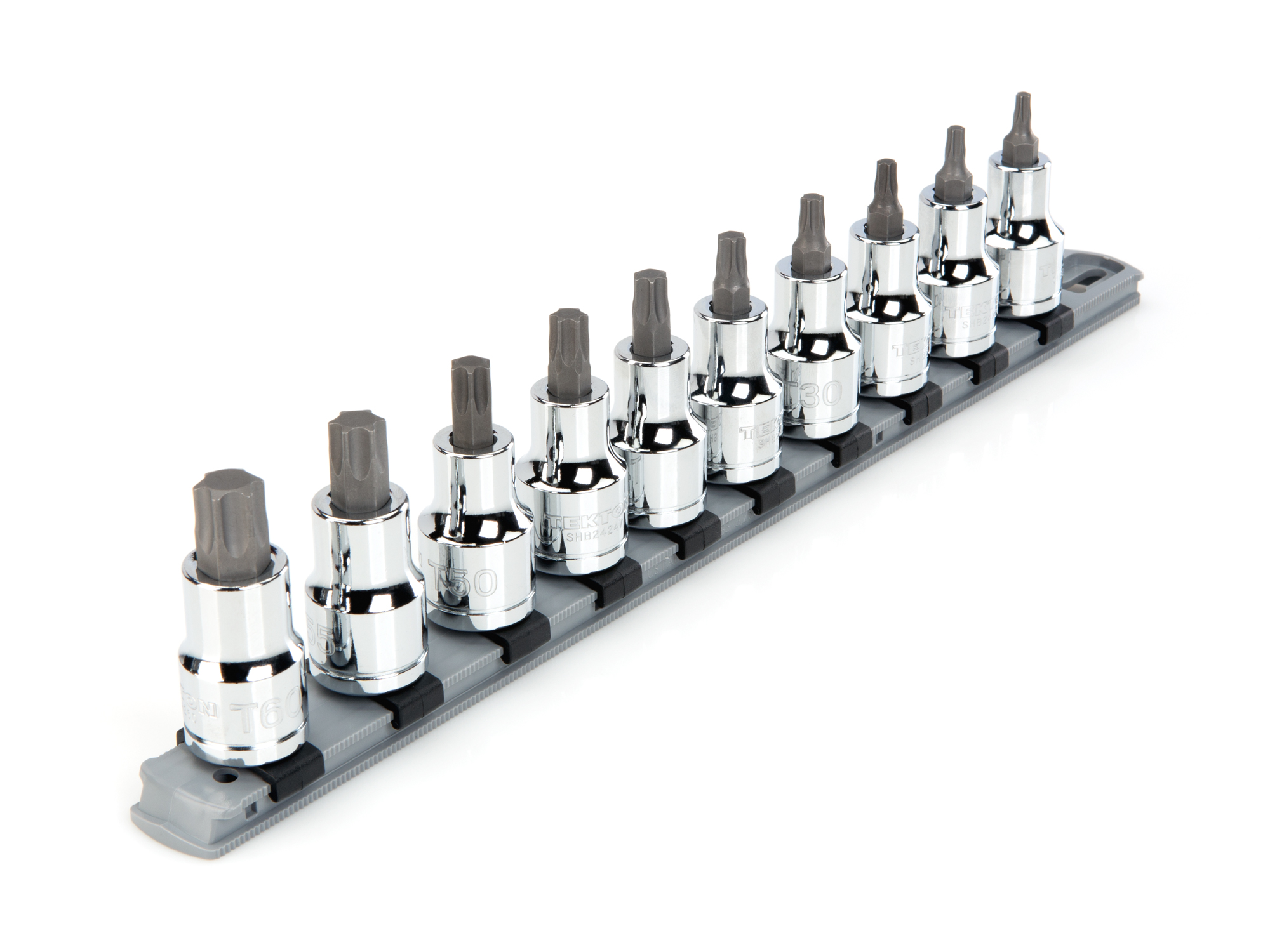 Includes: Torx (T20-T60) bit sockets. S2 steel bits are pressed directly into the chrome-plated socket. Comes with twist-to-lock rail storage. SHB92103.