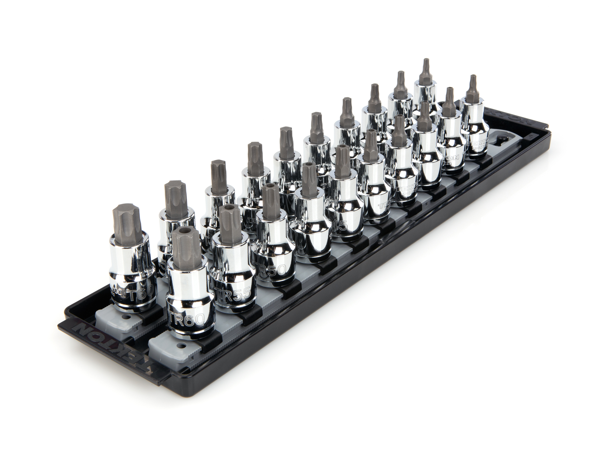 Includes: Torx (T20-T60) and Tamper-Resistant Torx (TR20-TR60) bit sockets. Bits are pressed directly into the socket. Comes with rail and tray storage.