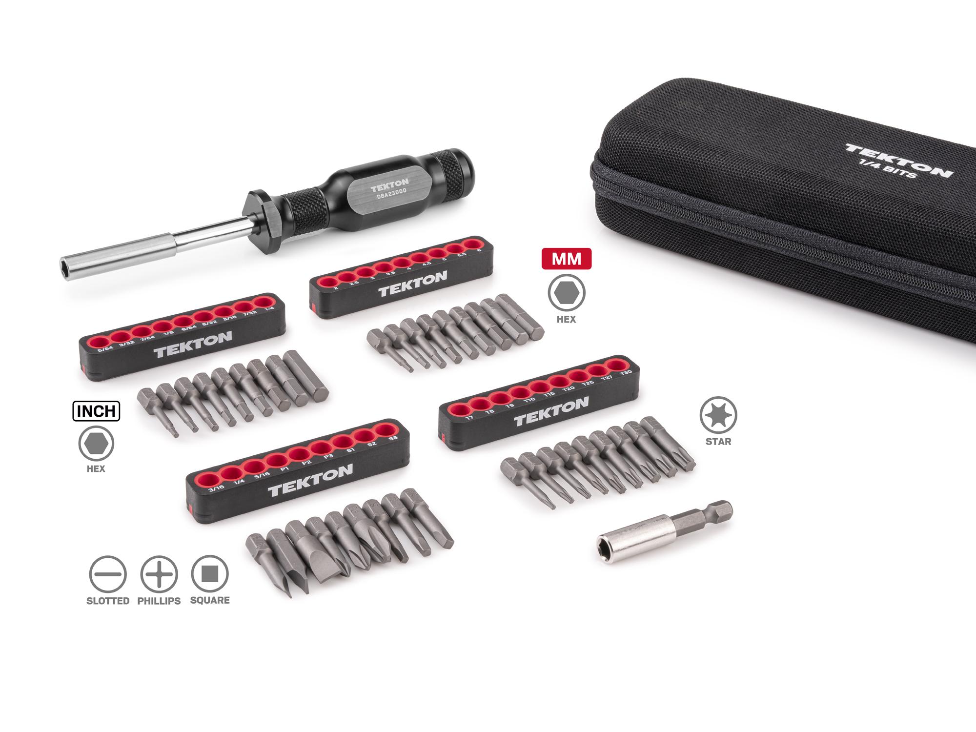 Laid out contents of Tekton case bit set. Item #DBA93101