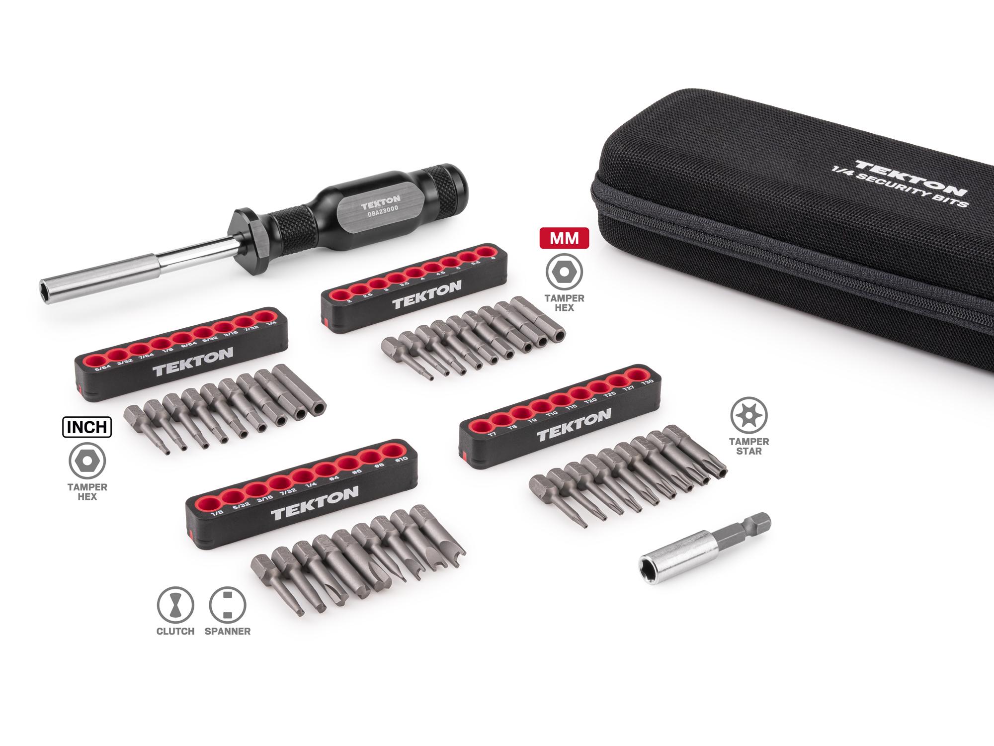 Laid out contents of Tekton case bit set. Item #DBA93102