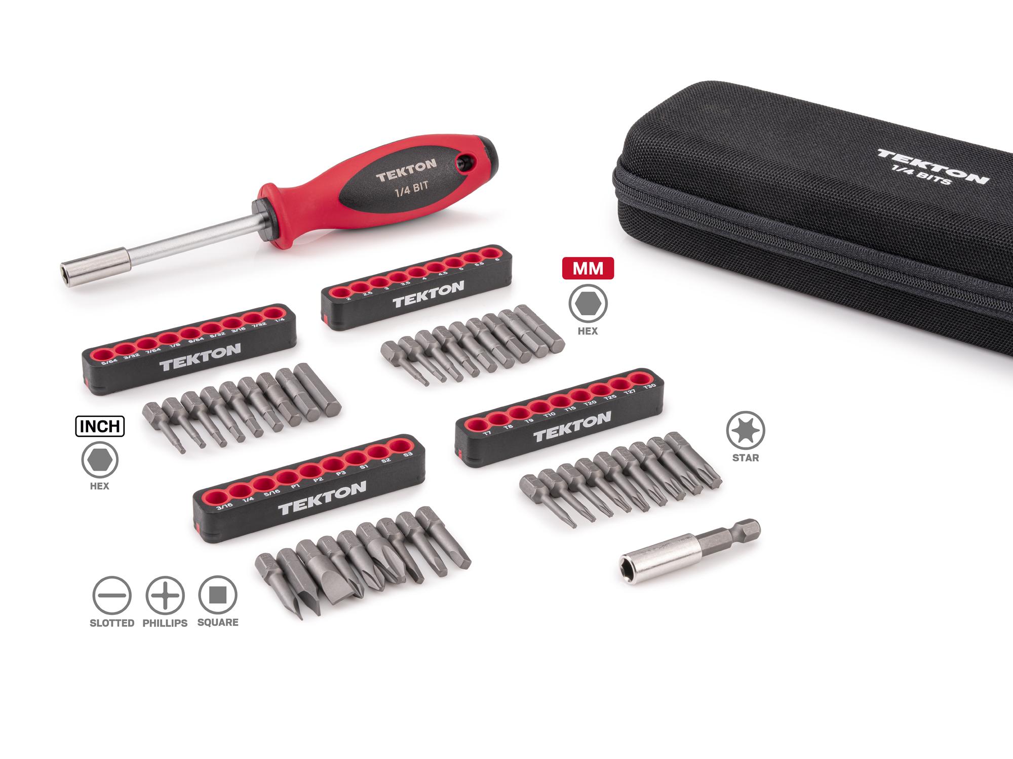 Laid out contents of Tekton case bit set. Item #DBW93100
