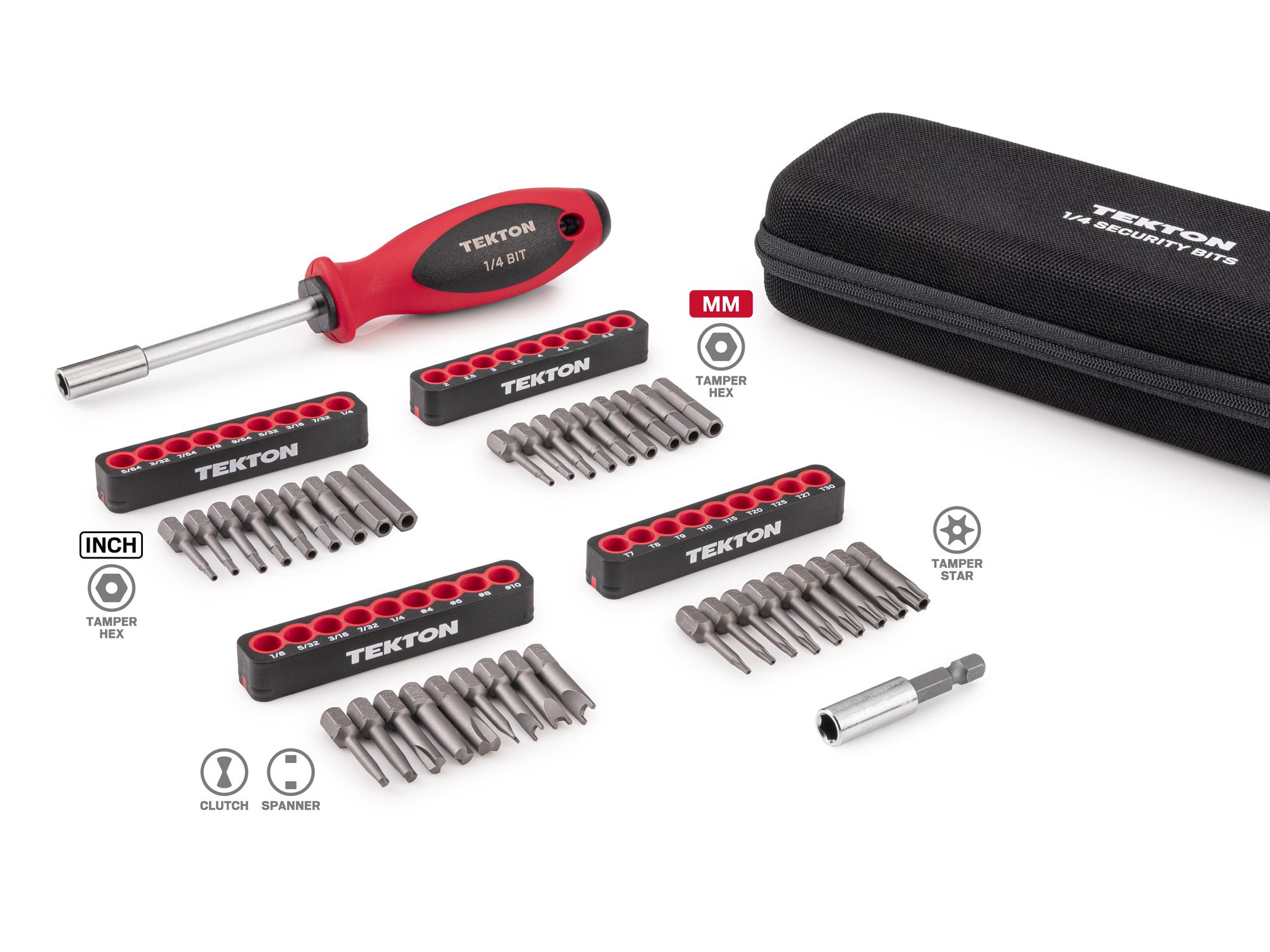 Laid out contents of Tekton case bit set. Item #DBW93101