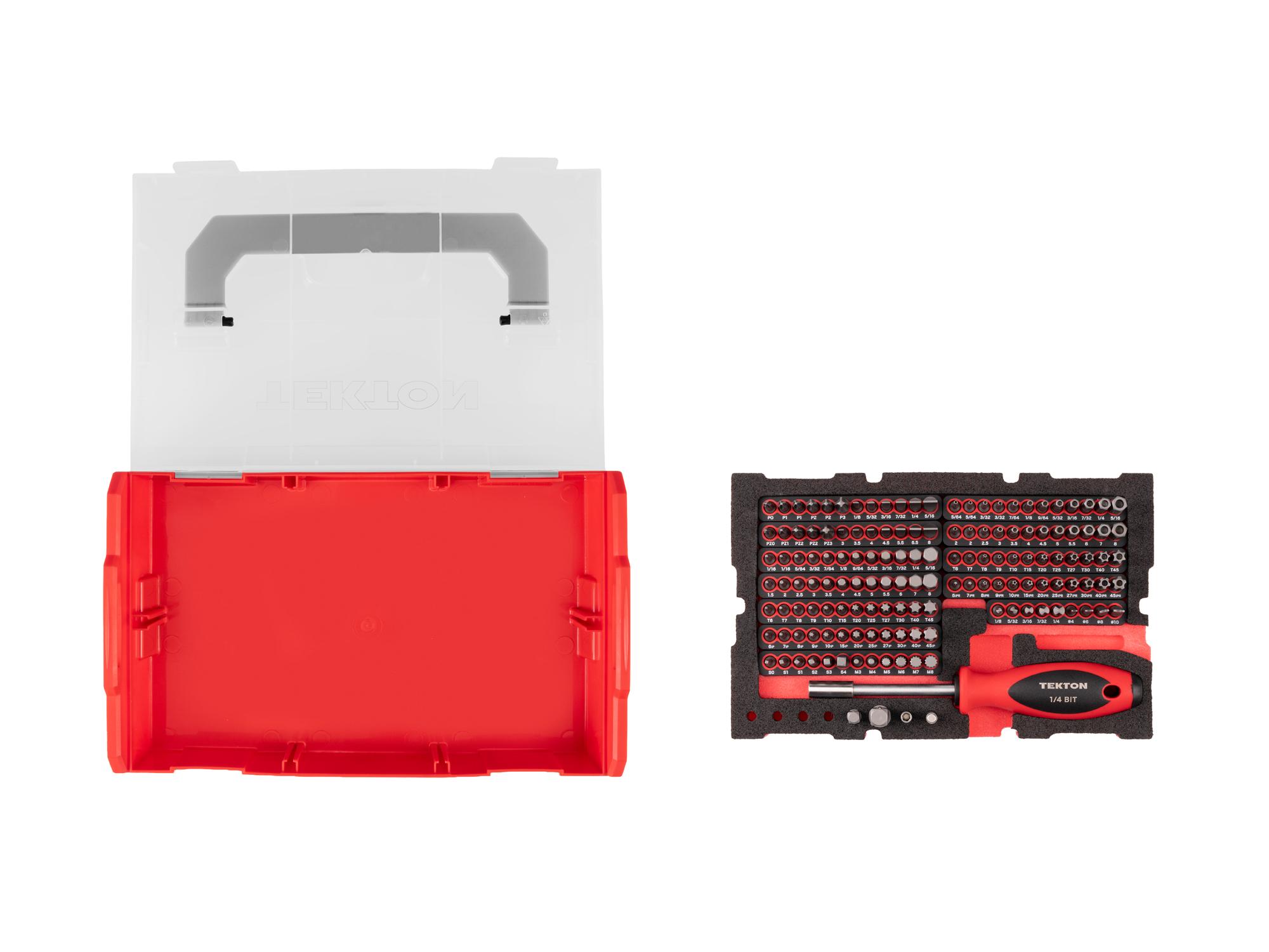 Laid out contents of Tekton bit set. Item #DBW93600