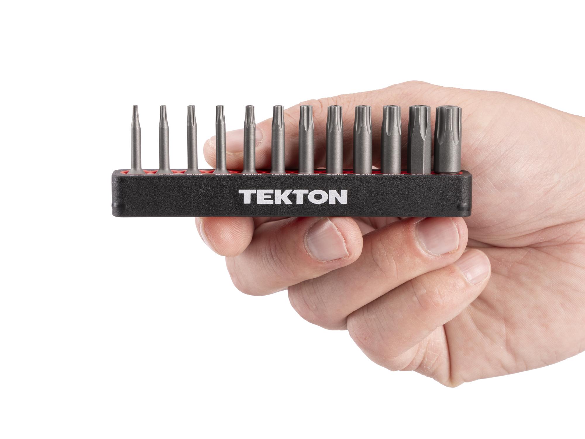 Person holding Tekton rail bit set. Item #DZB93002