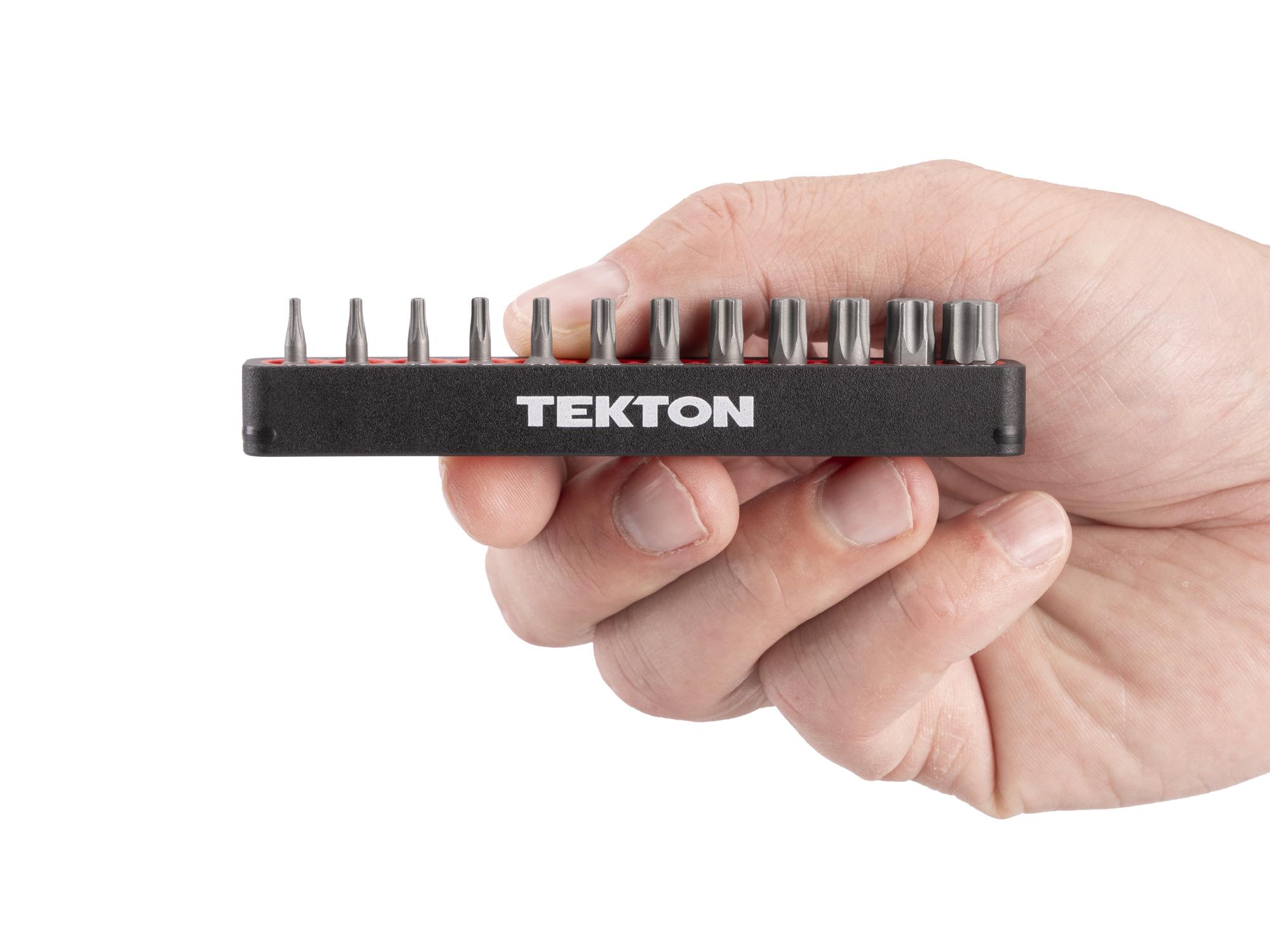 Person holding Tekton rail bit set. Item #DZB93003