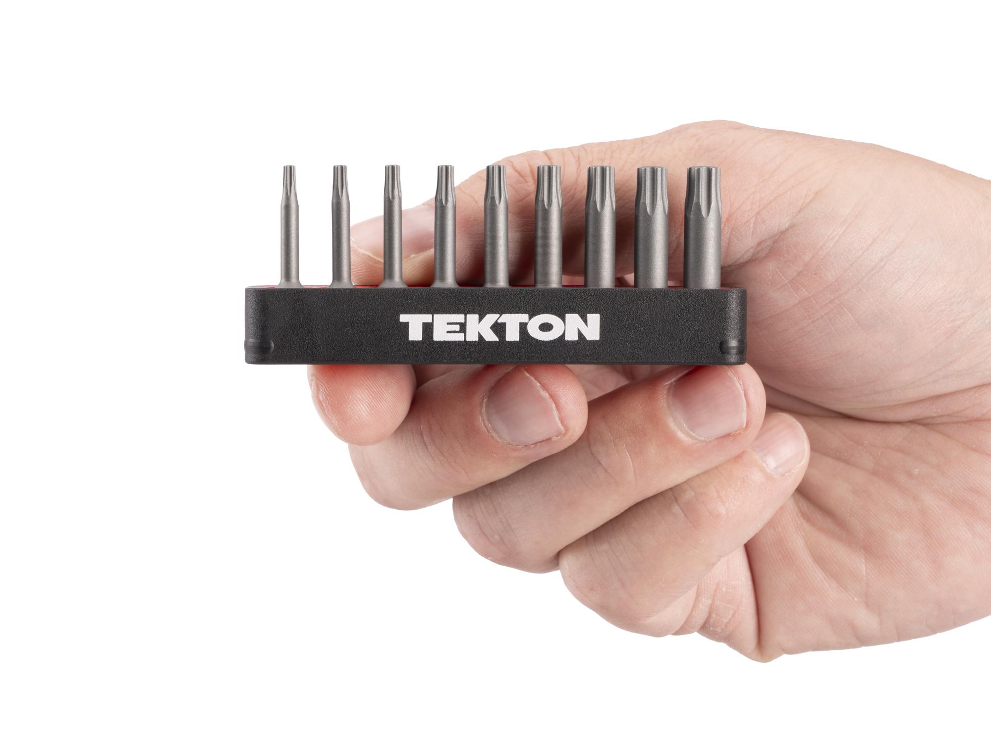 Person holding Tekton rail bit set. Item #DZB93004