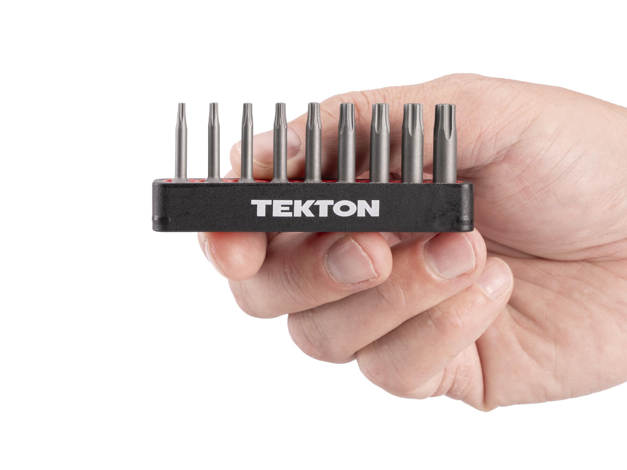 Person holding Tekton rail bit set. Item #DZB93005