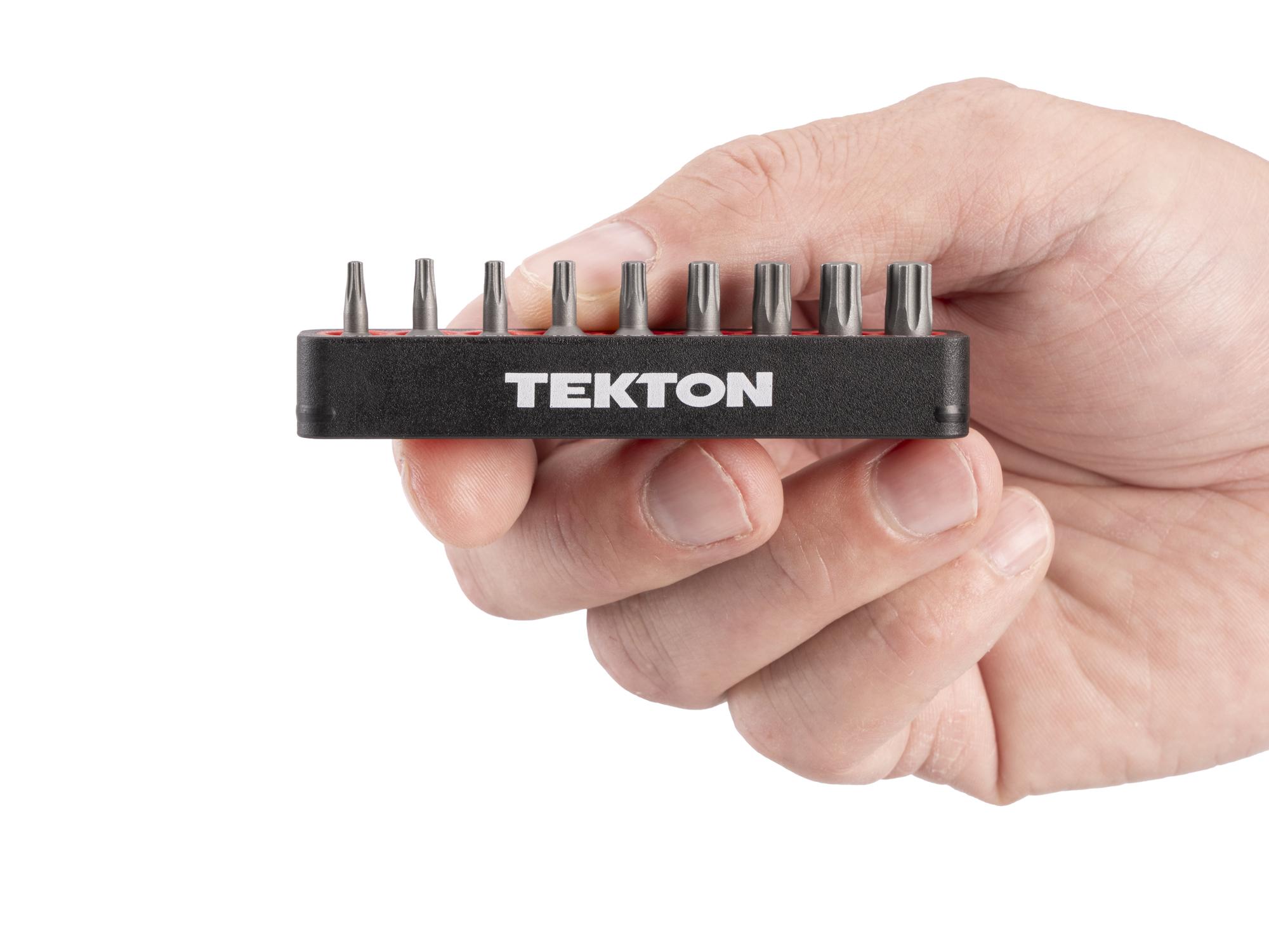 Person holding Tekton rail bit set. Item #DZB93006