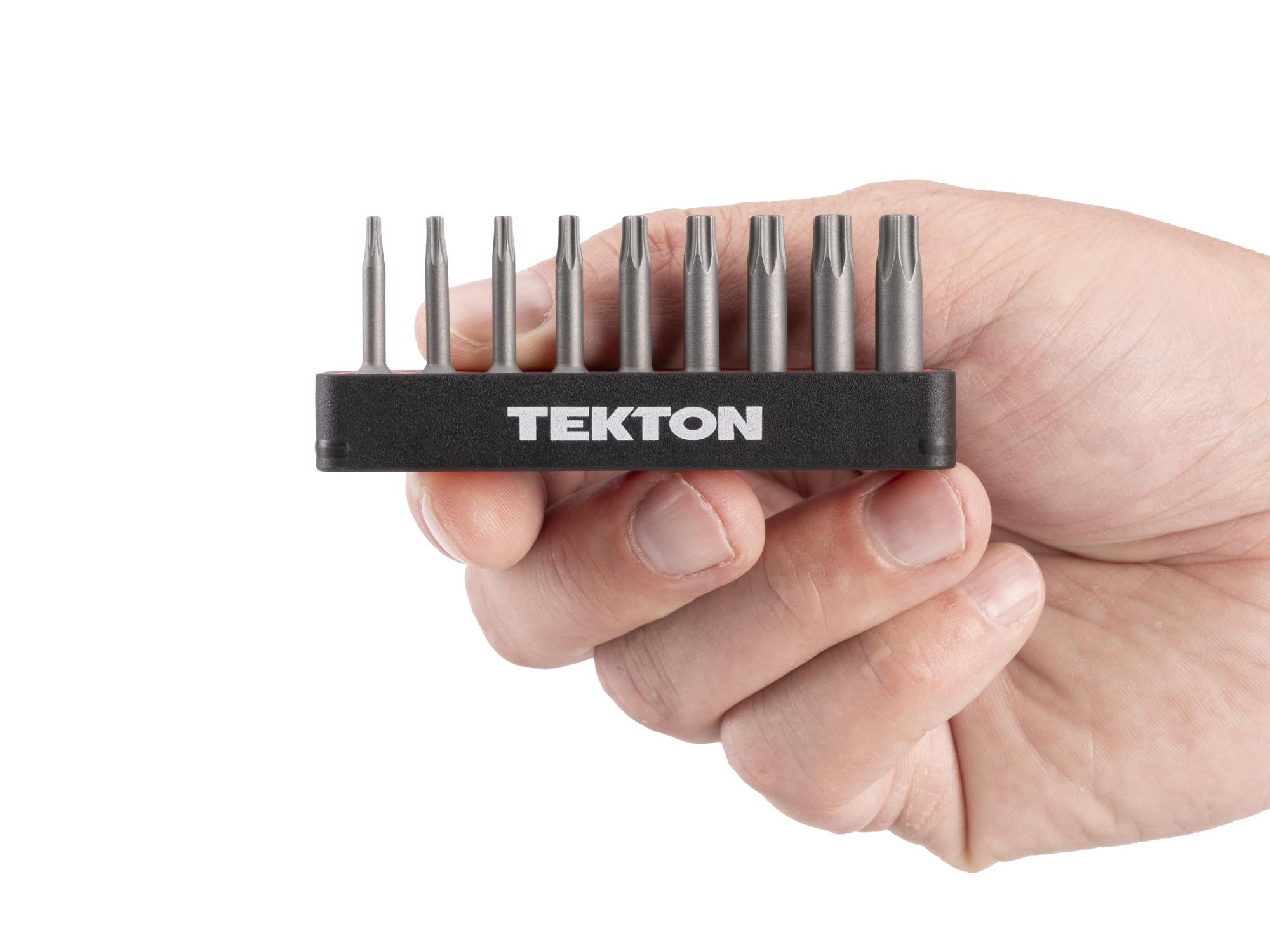 Person holding Tekton rail bit set. Item #DZT93001