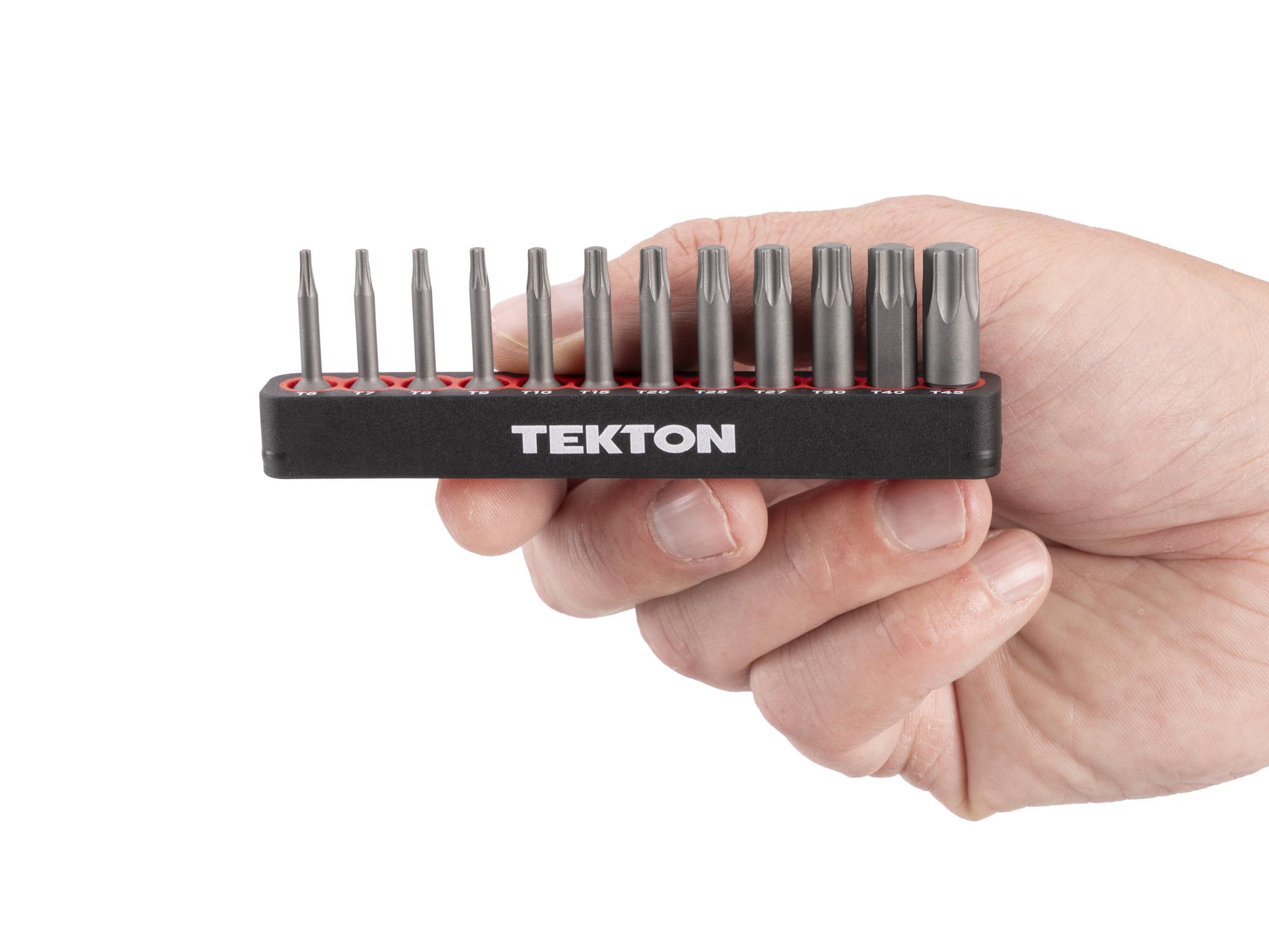 Person holding Tekton rail bit set. Item #DZT93003