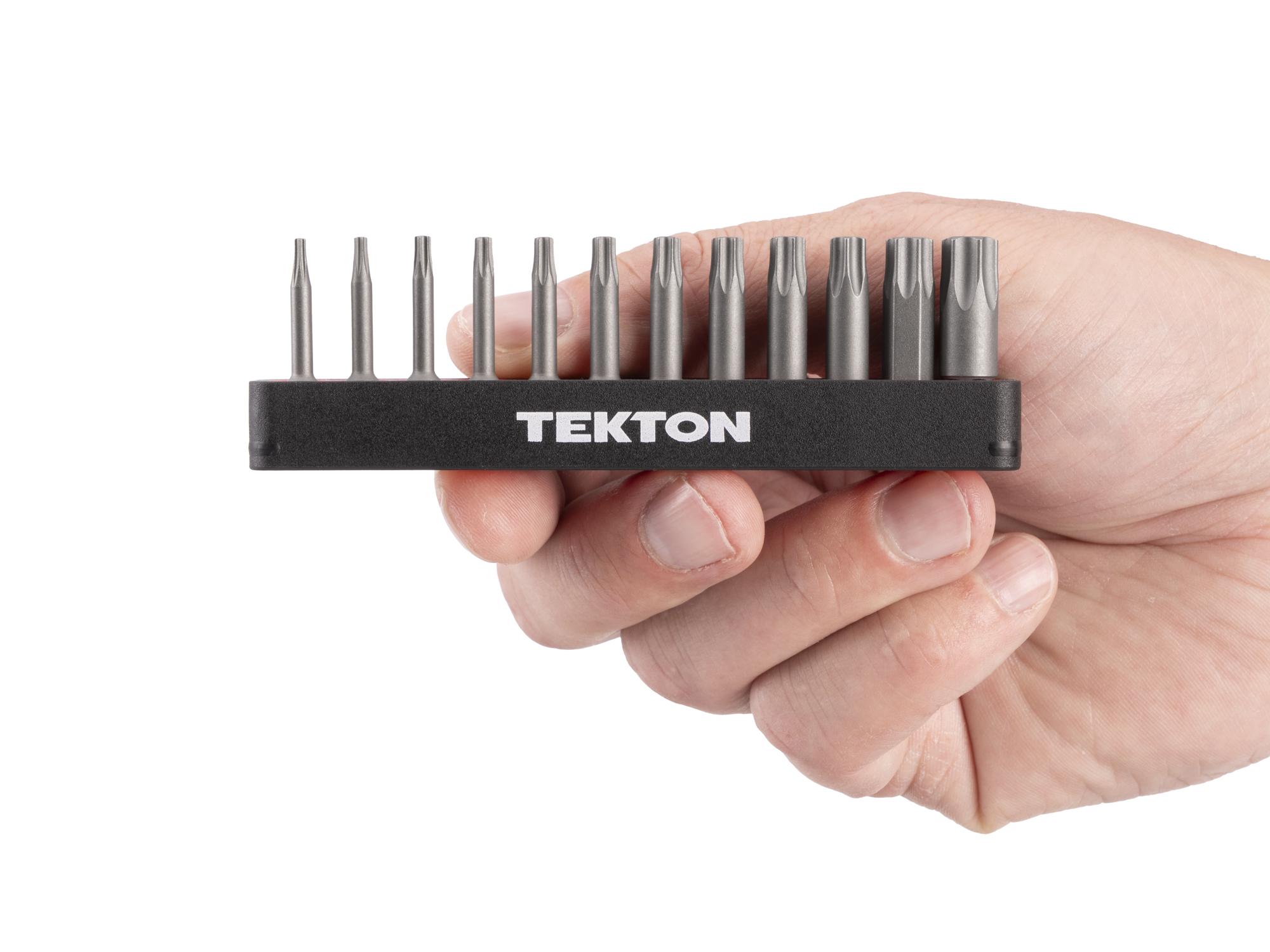 Person holding Tekton rail bit set. Item #DZT93004