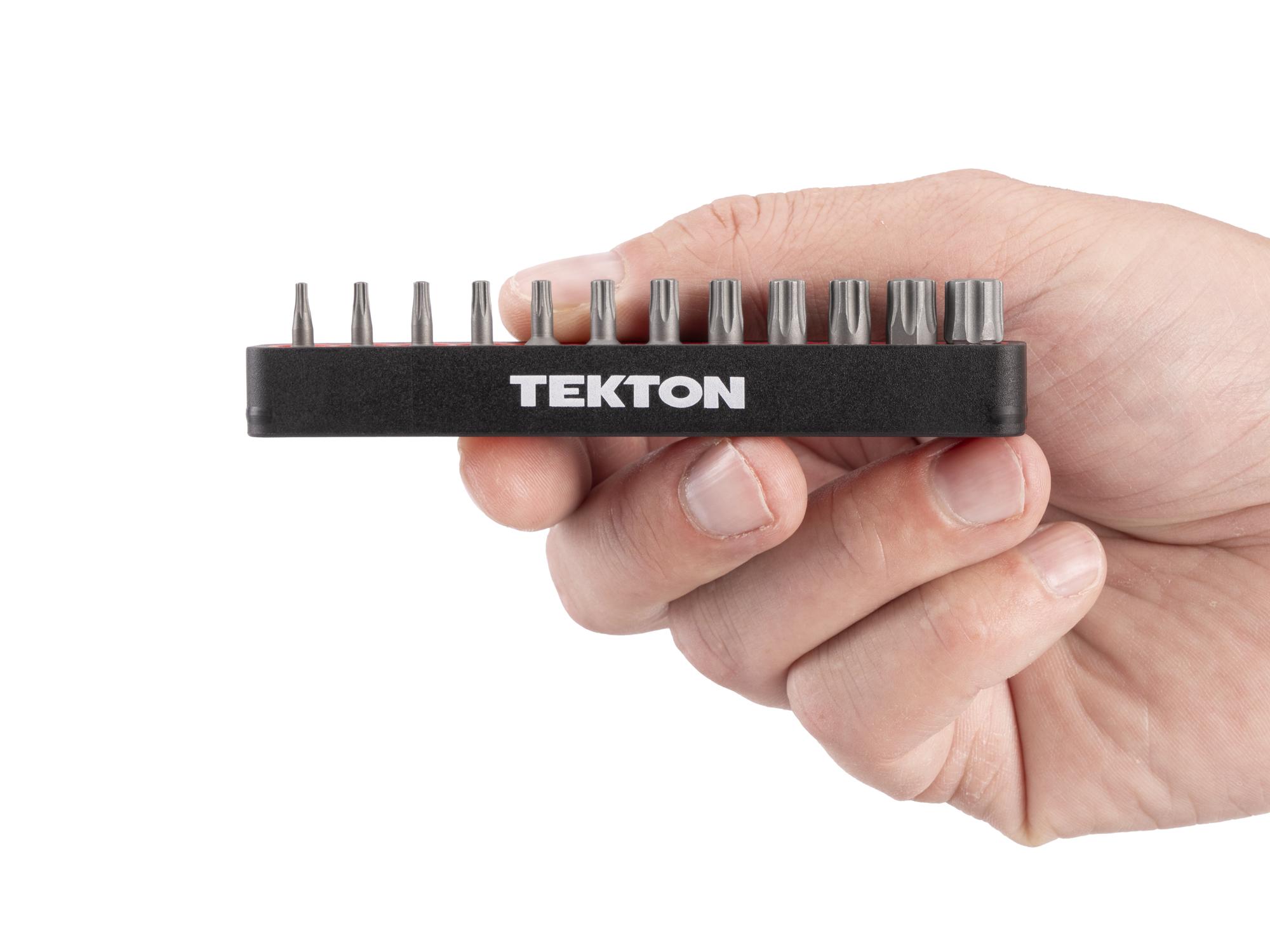 Person holding Tekton rail bit set. Item #DZT93005